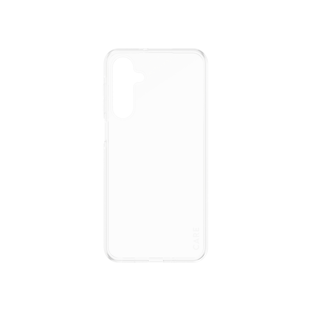 Przezroczyste etui na telefon z wycięciem na aparat, słowo 'CARE' widoczne na dole.