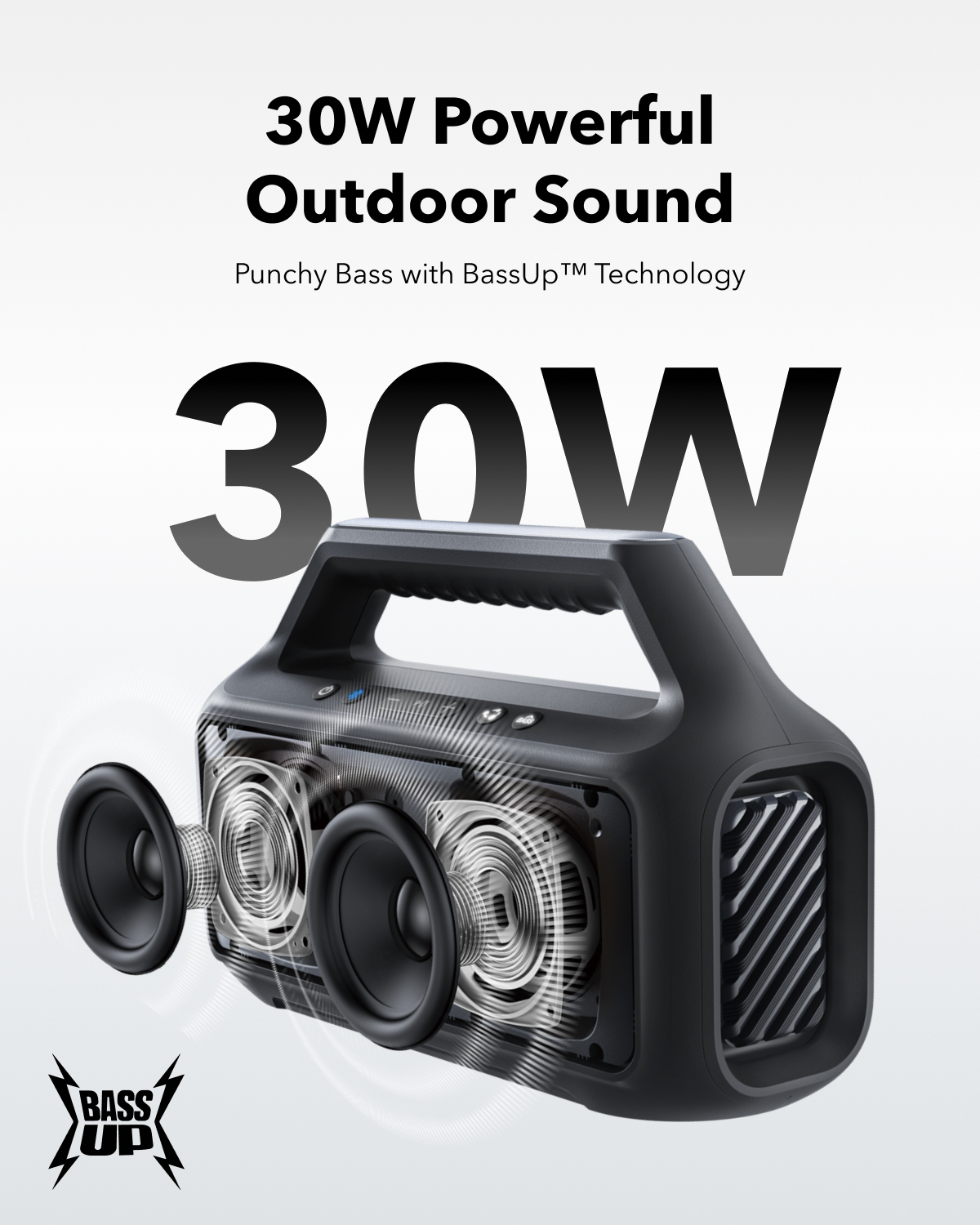 Altoparlante nero con parte anteriore in rete. Il testo dice '30W Powerful Outdoor Sound' con tecnologia BassUp.