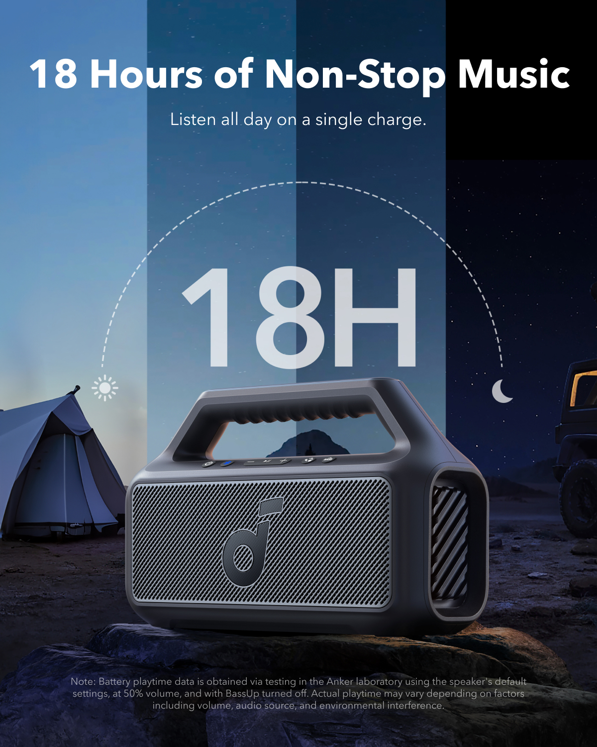 Un altoparlante portatile nero con la scritta '18 ore di musica non-stop'. Lo sfondo mostra una tenda di notte.