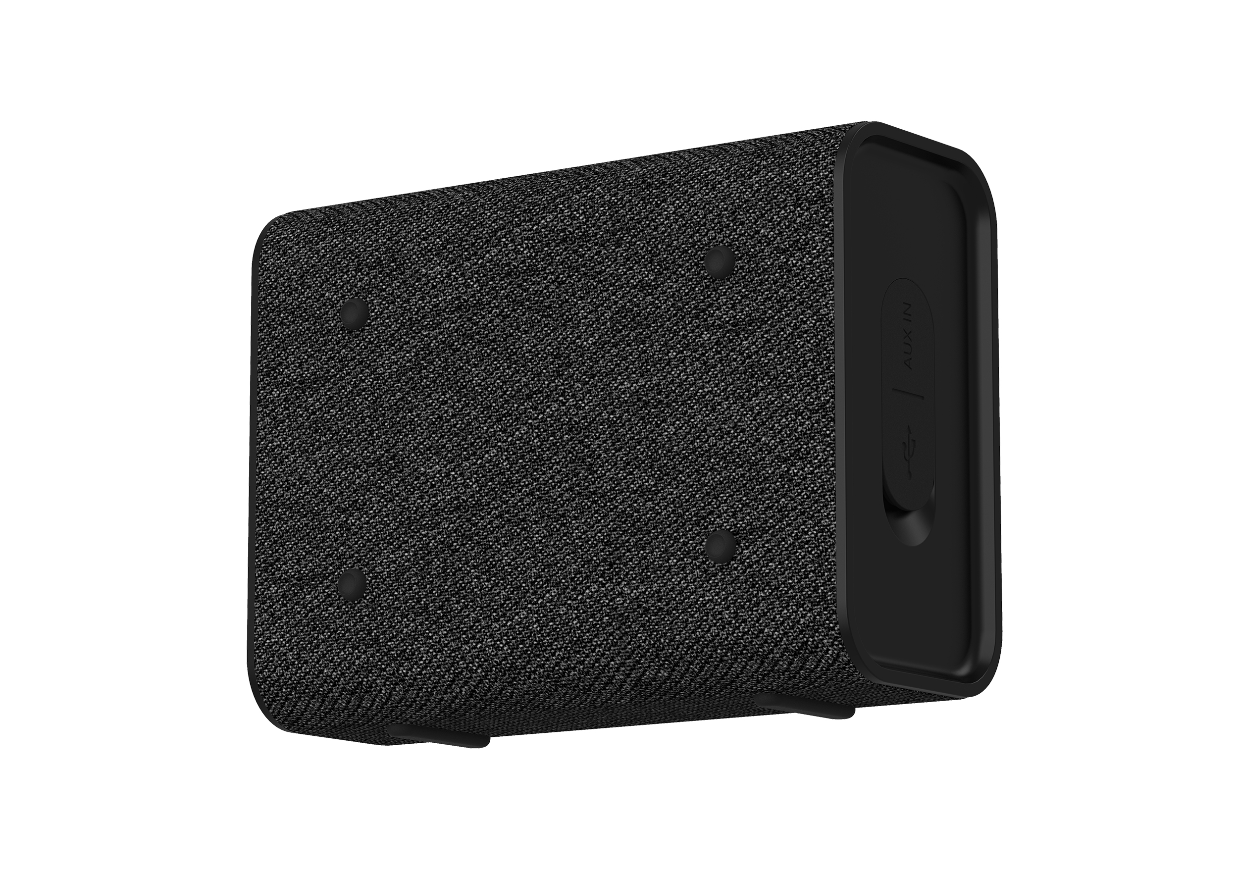 Czarny, prostokątny głośnik z fakturą podobną do tkaniny na białym tle.