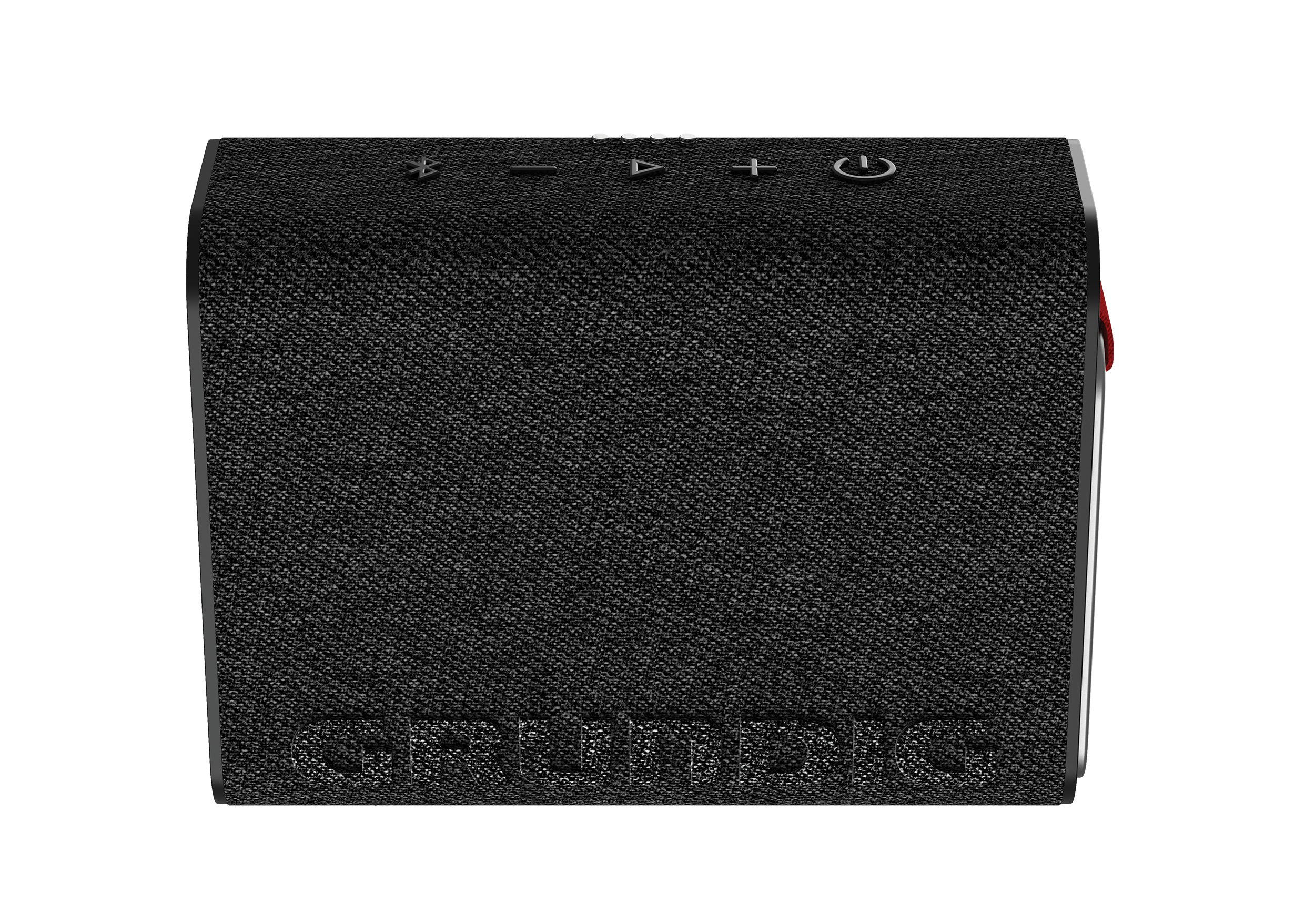 Czarny głośnik Grundig. Ma przyciski sterowania na górze i logo Grundig na dole.