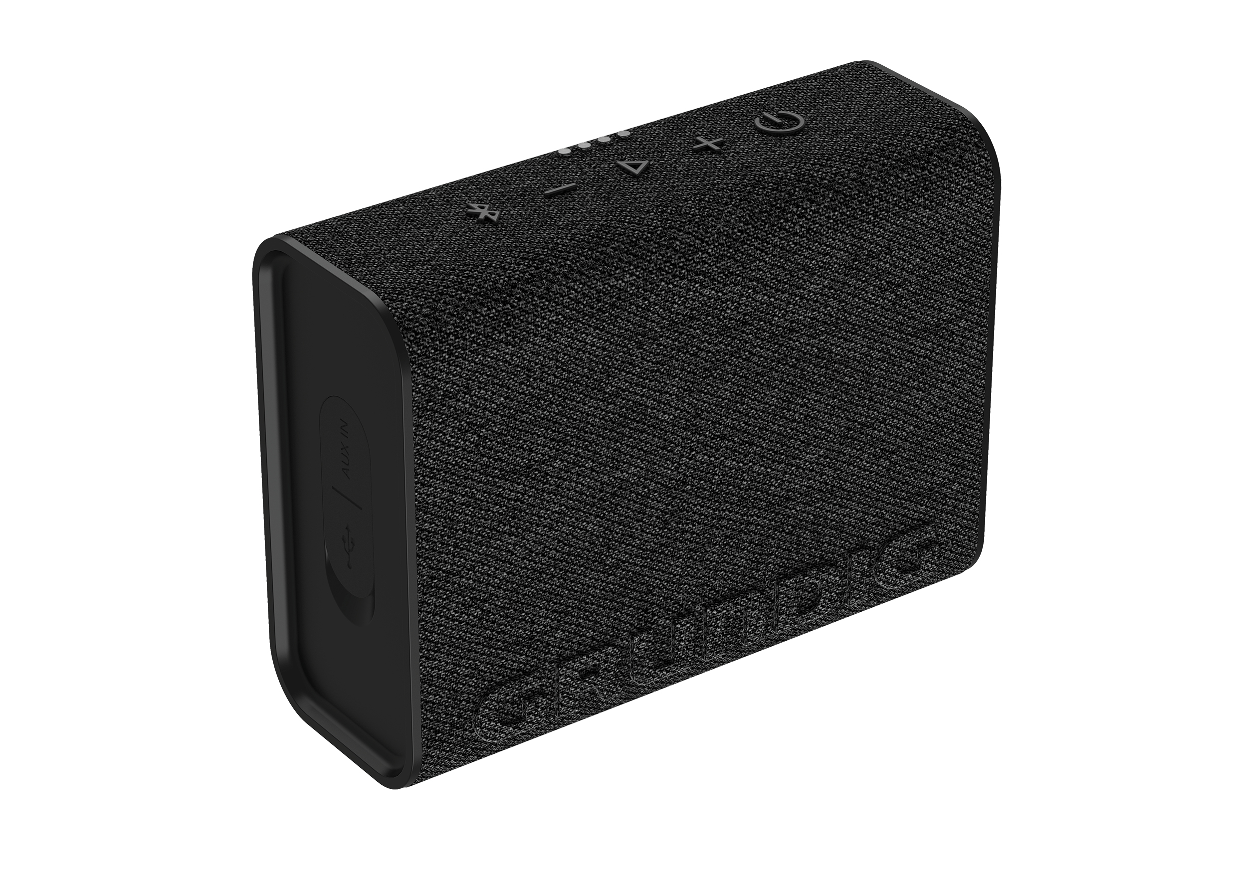 Czarny głośnik z przyciskami i portem na białym tle.