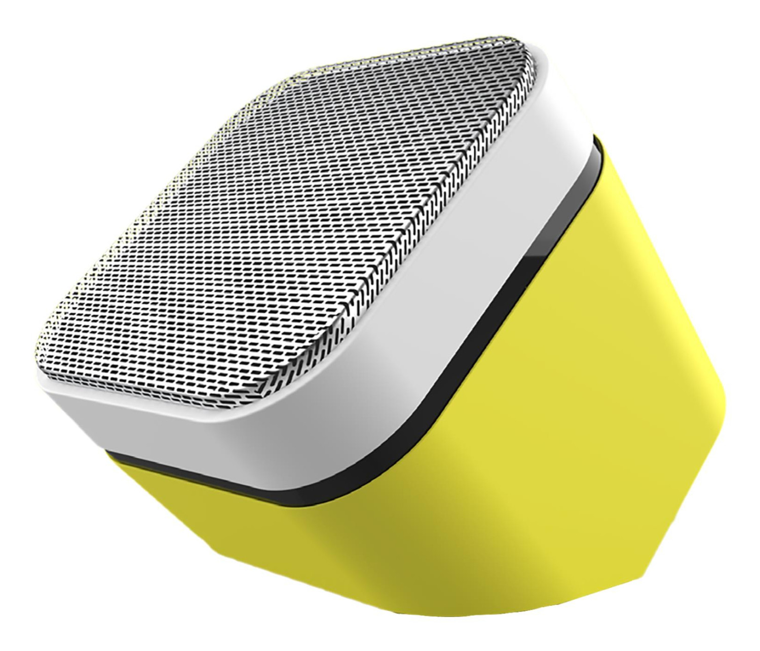 Żółto-biały głośnik z metalową kratką.