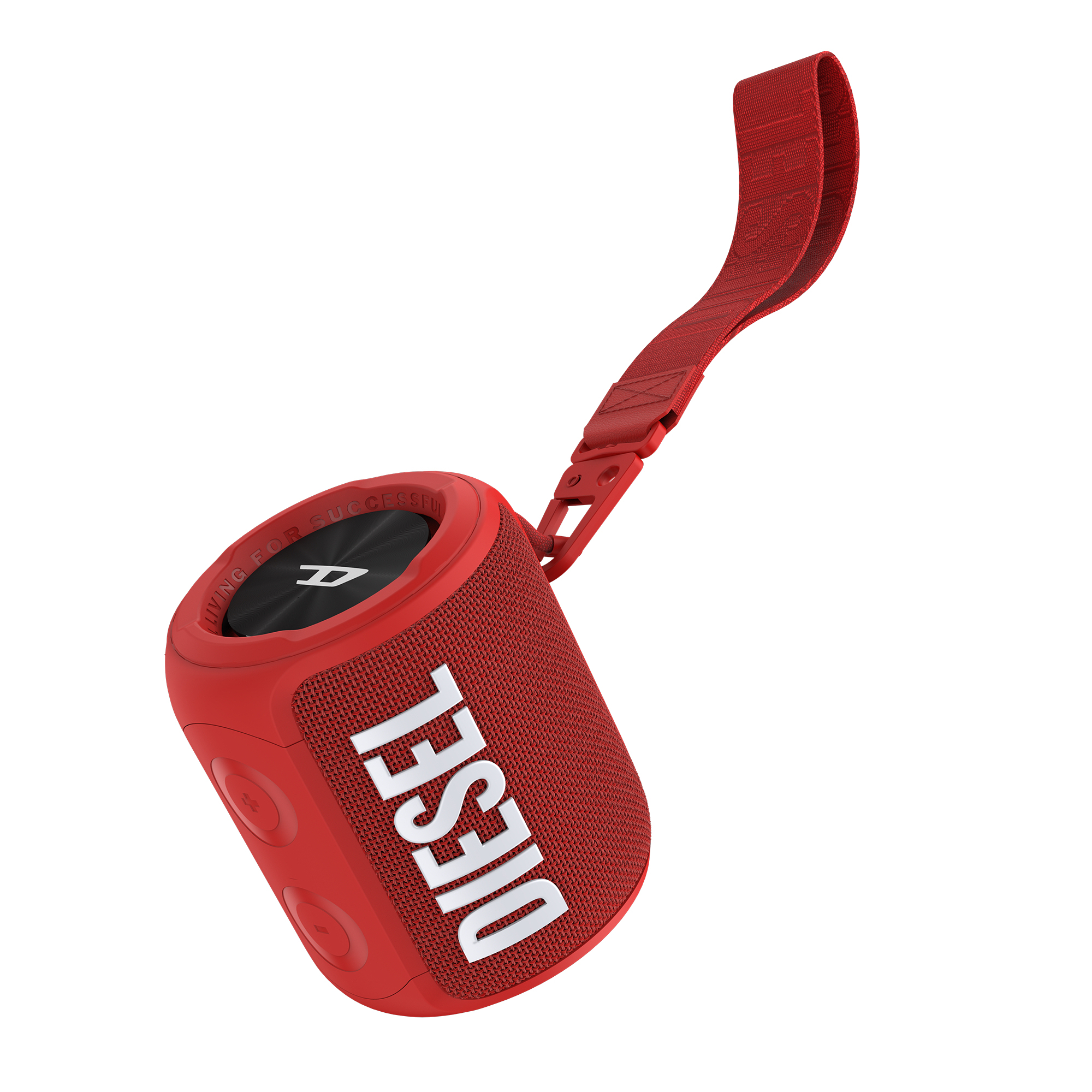 Altoparlante Diesel rosso con cinturino rosso. Sfondo bianco.