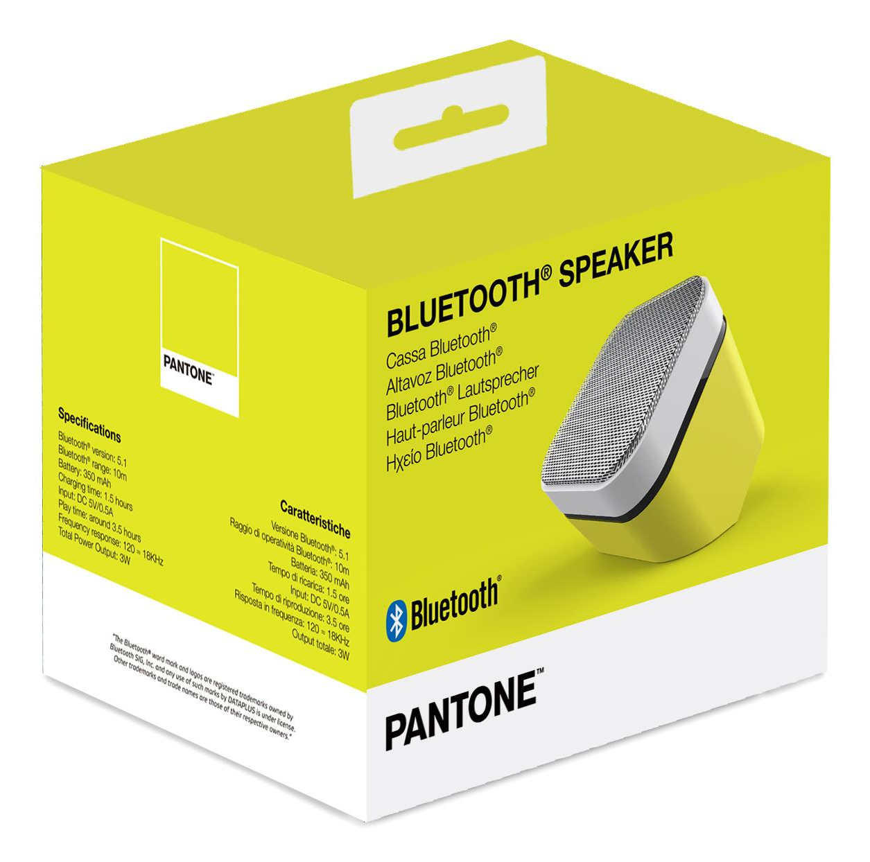 Żółte pudełko głośnika Bluetooth Pantone ze specyfikacjami i głośnikiem. Białe tło.