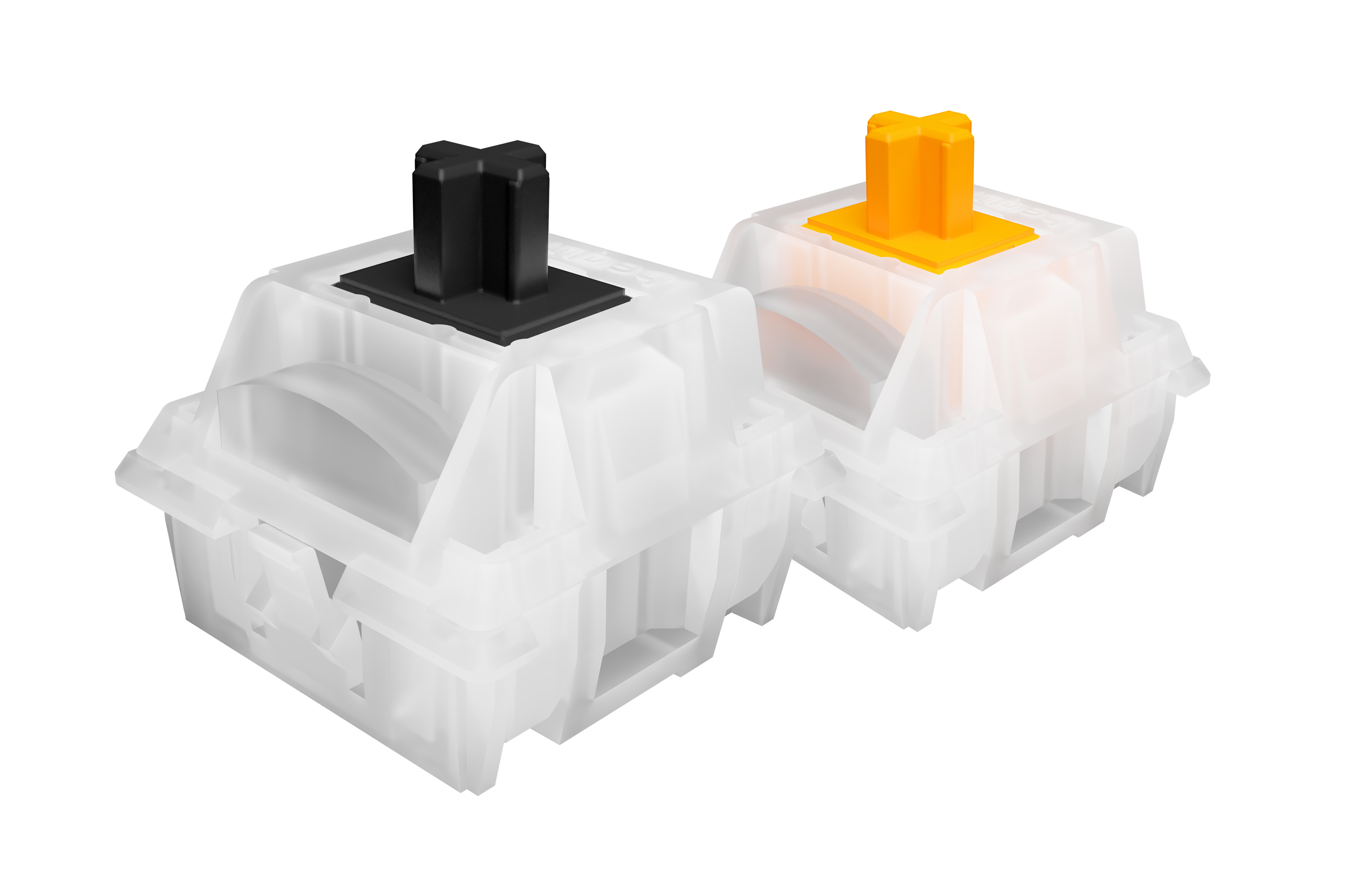 Dwa przezroczyste przełączniki klawiatury. Jeden czarny, jeden pomarańczowy. Oba w białych obudowach.