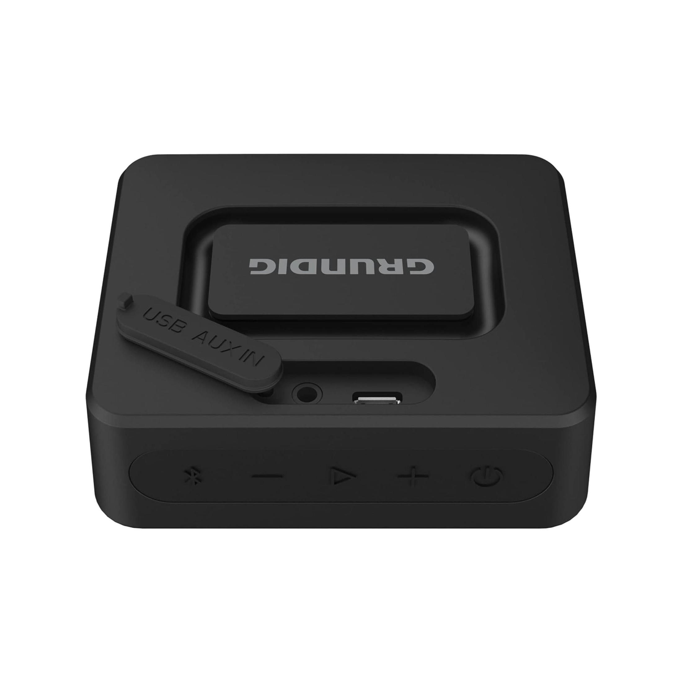 Czarny głośnik przenośny Grundig z portami USB i AUX, elementy sterujące na górze.
