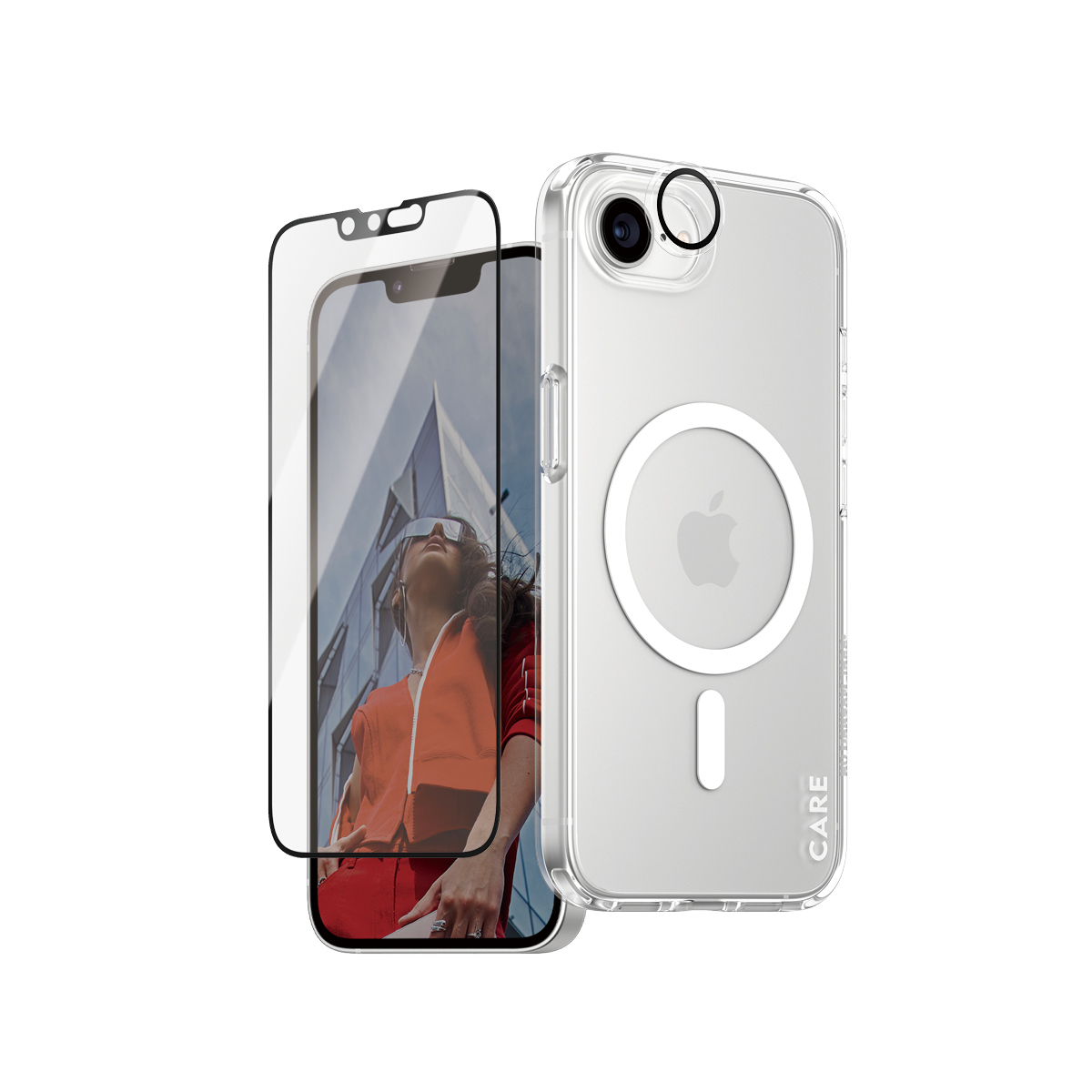 iPhone con protezione schermo e custodia trasparente con l'immagine di una donna.