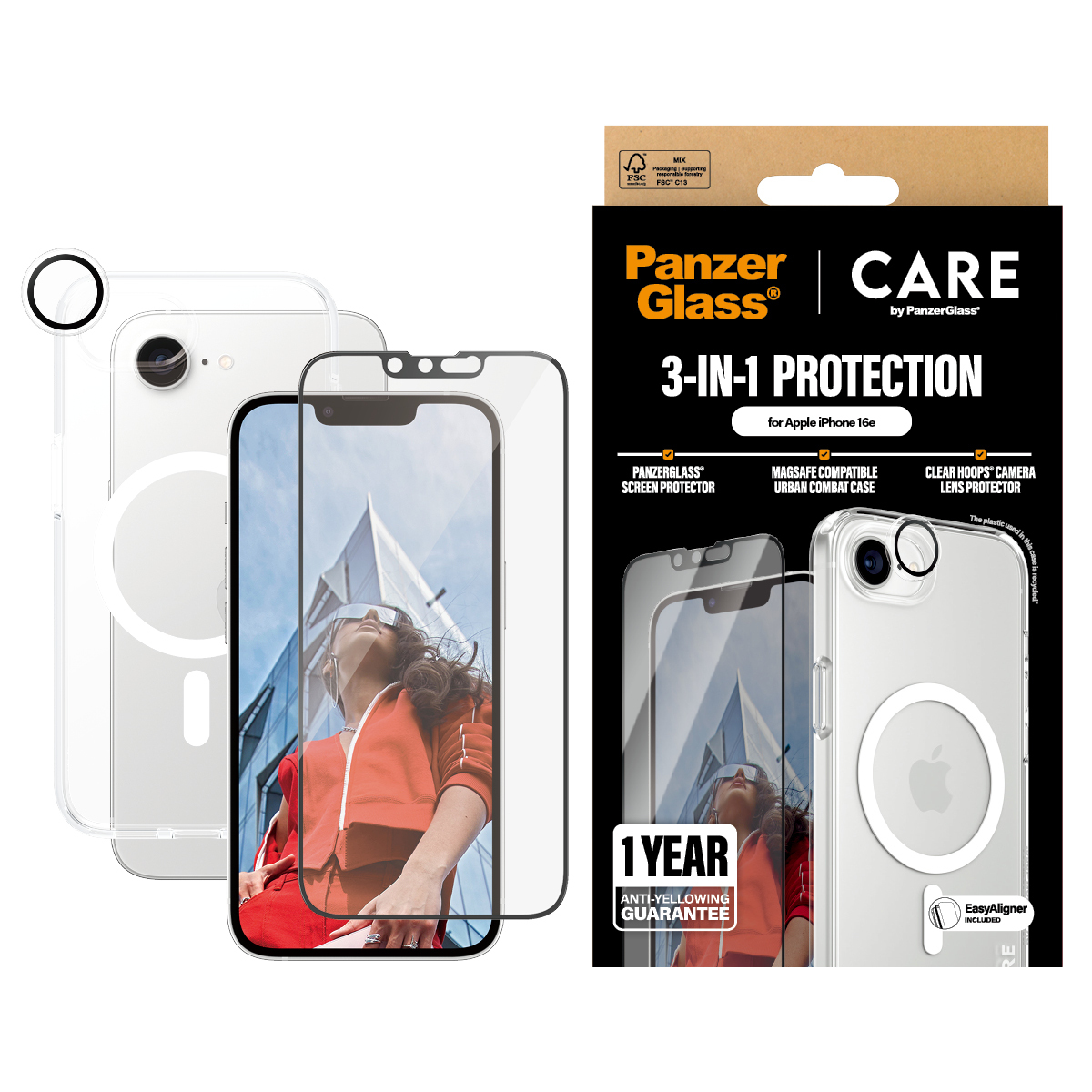 iPhone 15c con protezione schermo e custodia. La confezione mostra il telefono e gli accessori protettivi.