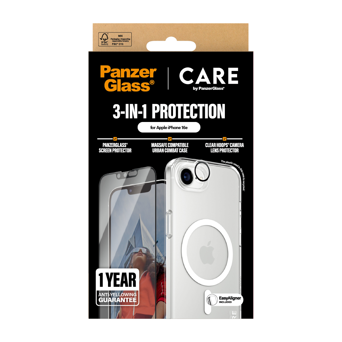 Proteggi schermo PanzerGlass per iPhone in confezione di cartone, protezione 3 in 1.