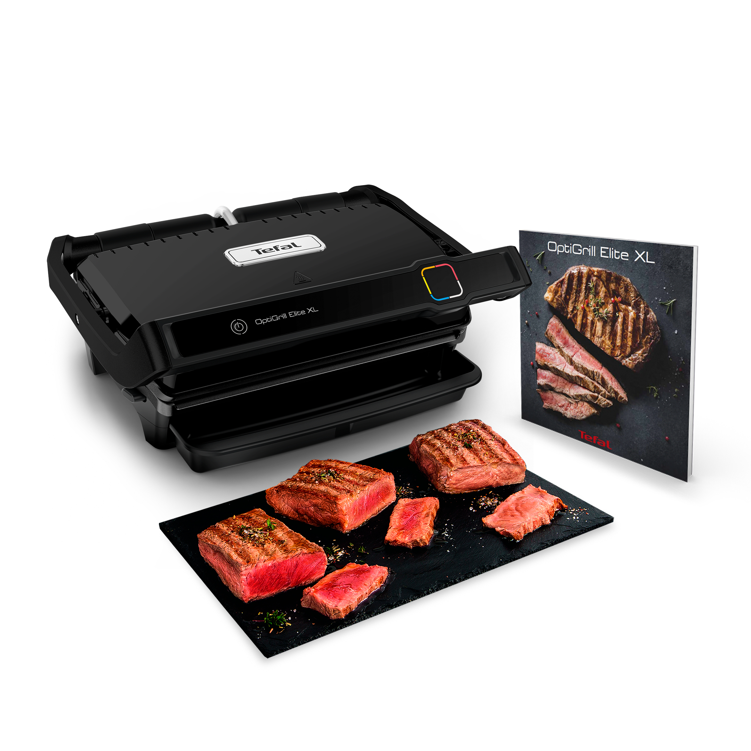 Tefal OptiGrill Elite XL negro con filetes a la parrilla y un libro de recetas.
