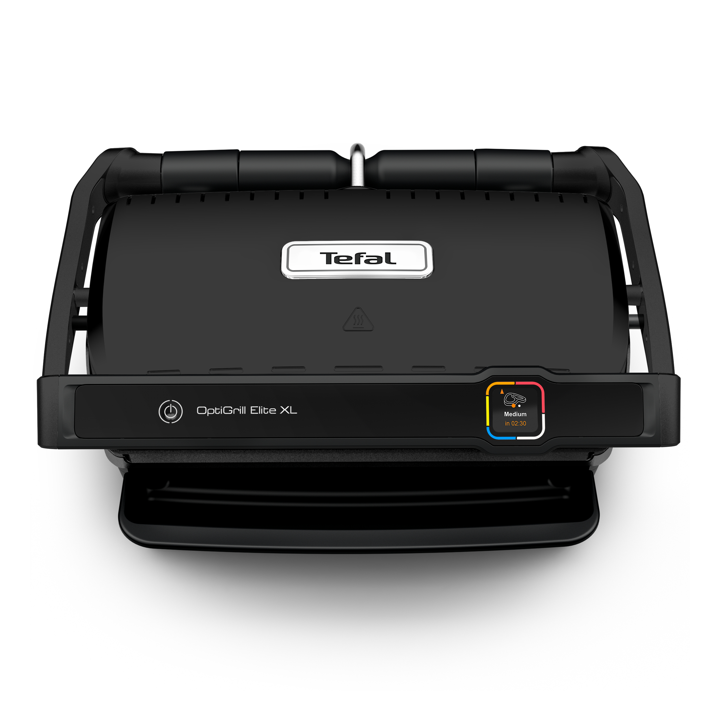 OptiGrill Elite XL negro, vista superior. Parrilla cerrada con panel de control y luces indicadoras. Marca Tefal visible.