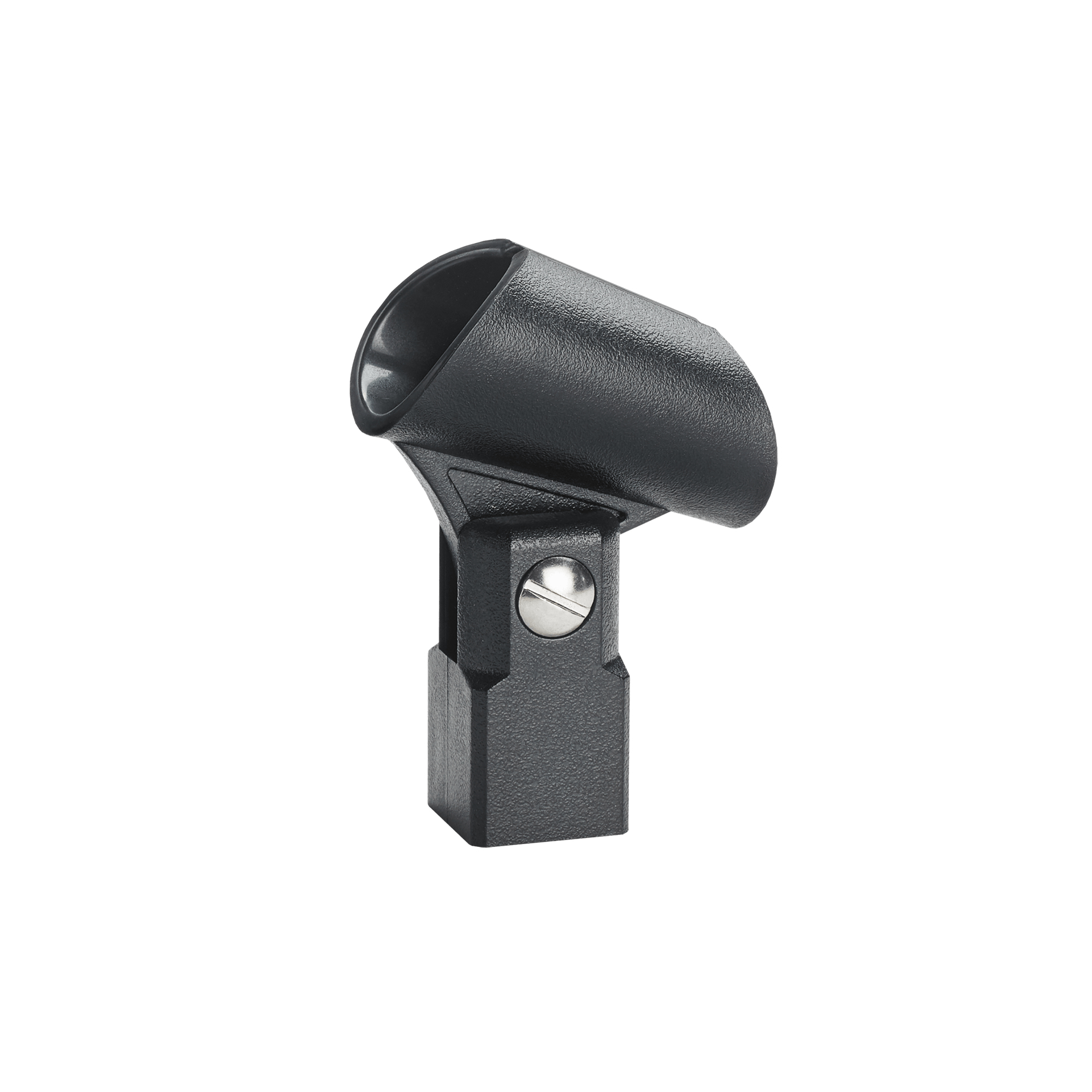 Czarny uchwyt mikrofonu, kątowy, ze śrubą z boku.