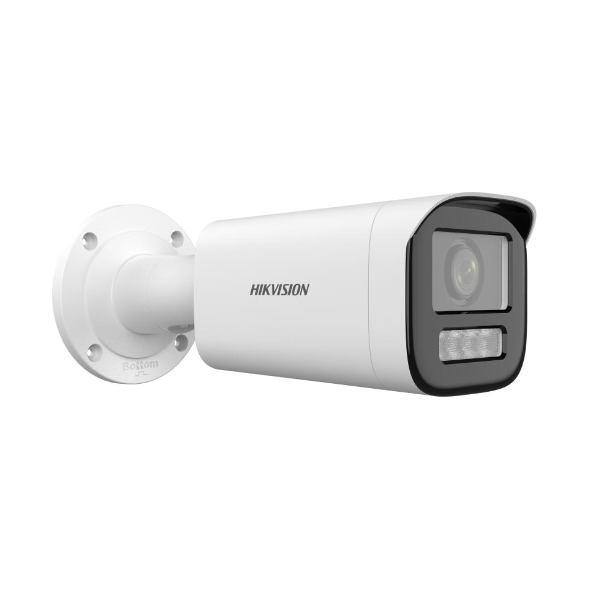 Weiße Überwachungskamera mit schwarzem Objektiv, montiert auf weißer Basis, mit HIKVISION-Text.