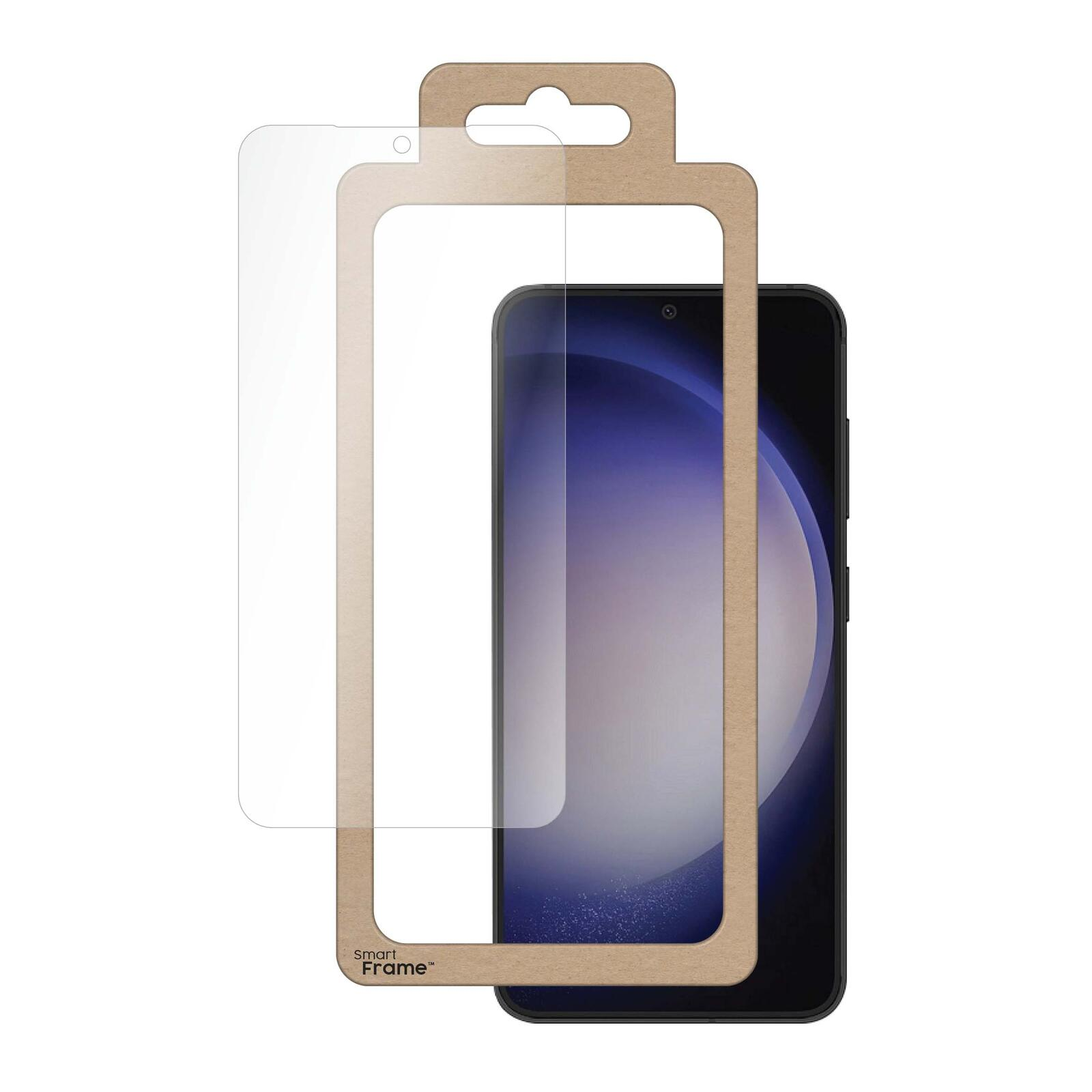 Een telefoon met een schermbeschermer in een kartonnen frame. De telefoon staat op een witte achtergrond.