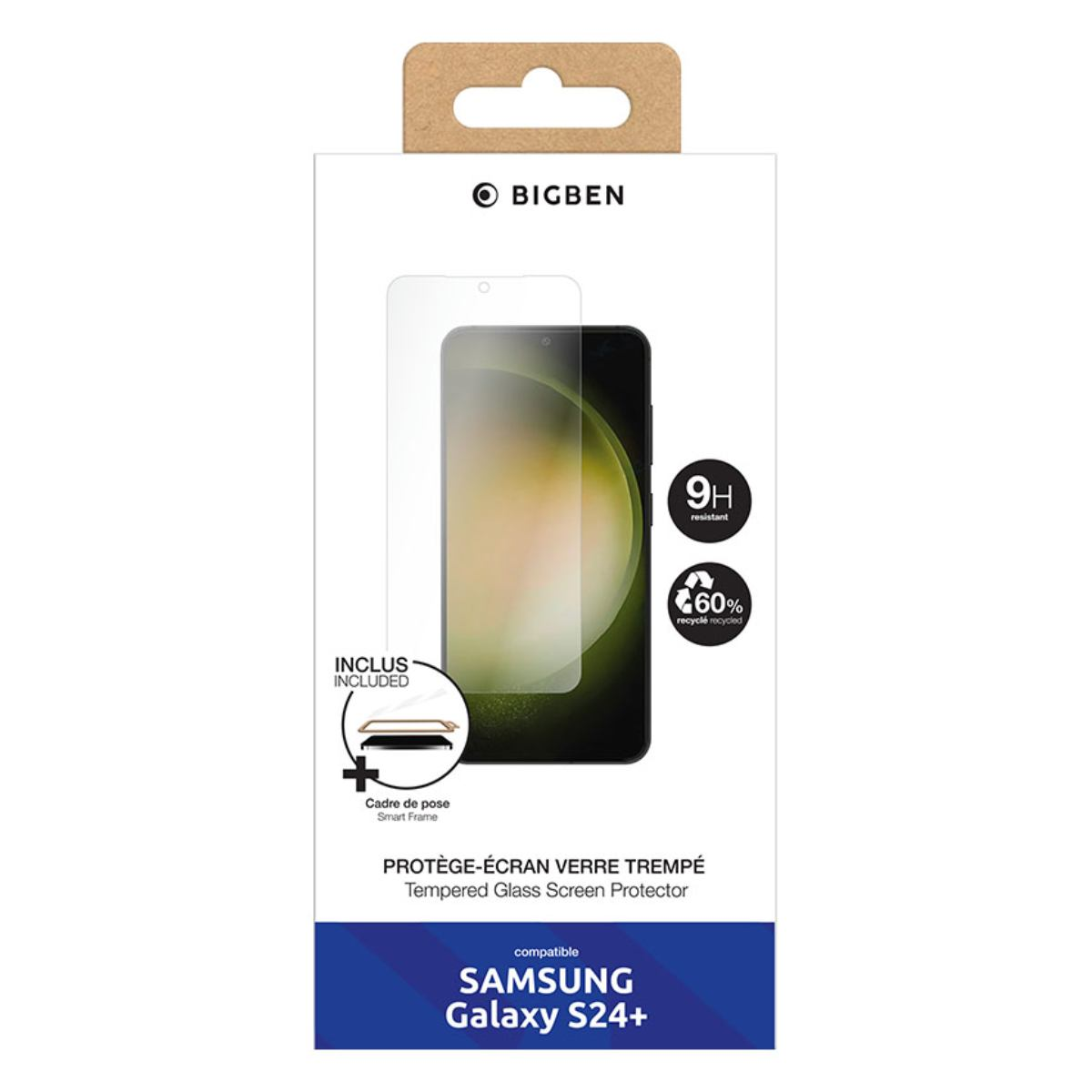 Doos met telefoon en schermbeschermer, tekst: Tempered Glass Screen Protector.