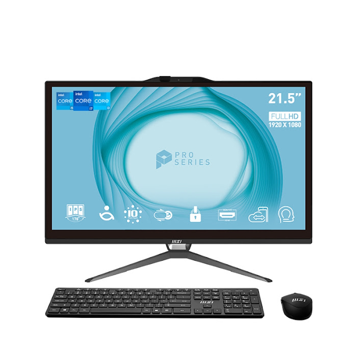 Monitor komputerowy, klawiatura i mysz. Monitor jest czarny z niebieskim ekranem. Białe tło.