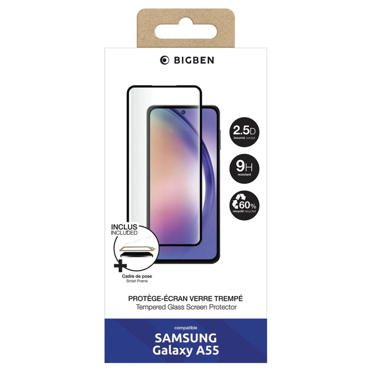 Boîte avec protecteur d'écran pour Samsung Galaxy A55. Dispose de 2.5D et de la résistance 9H.