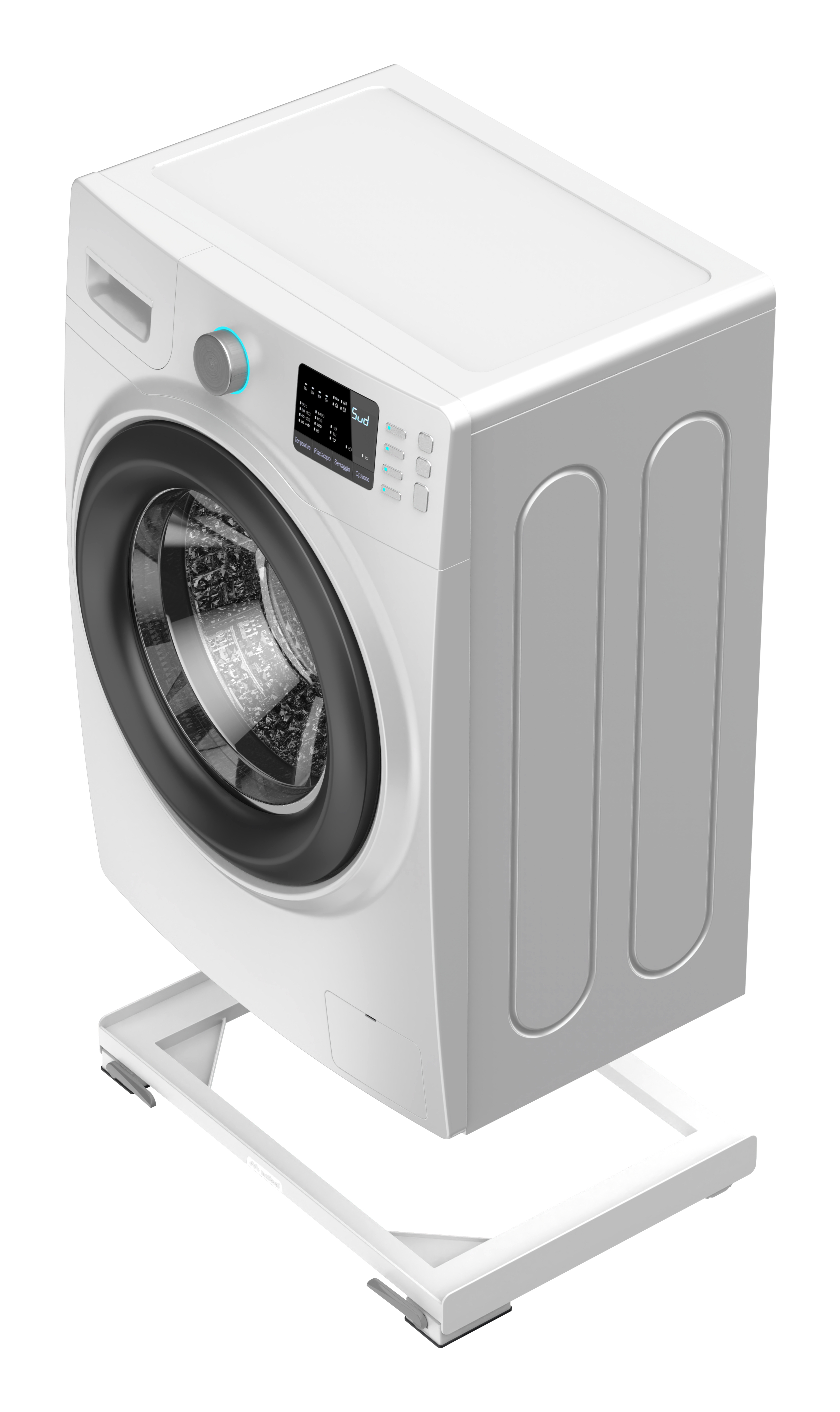Biała pralka na białym stojaku, widok z kąta. Górny panel ma wyświetlacz.