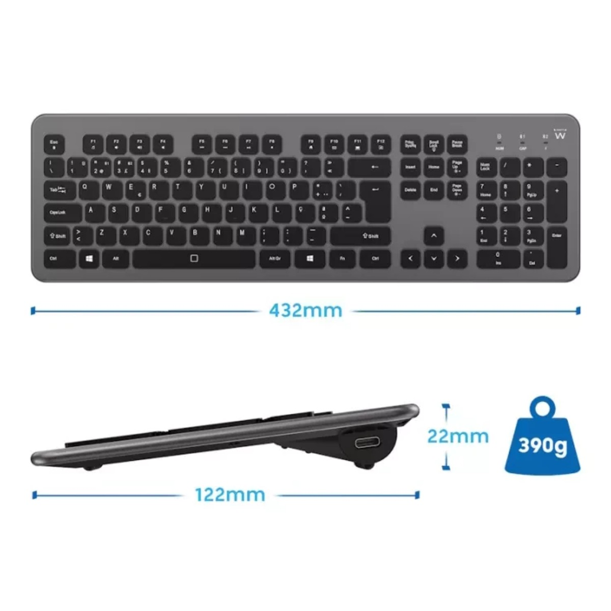 Tastiera grigia con tasti e dimensioni, 432mm lunghezza, 22mm altezza, 390g peso.