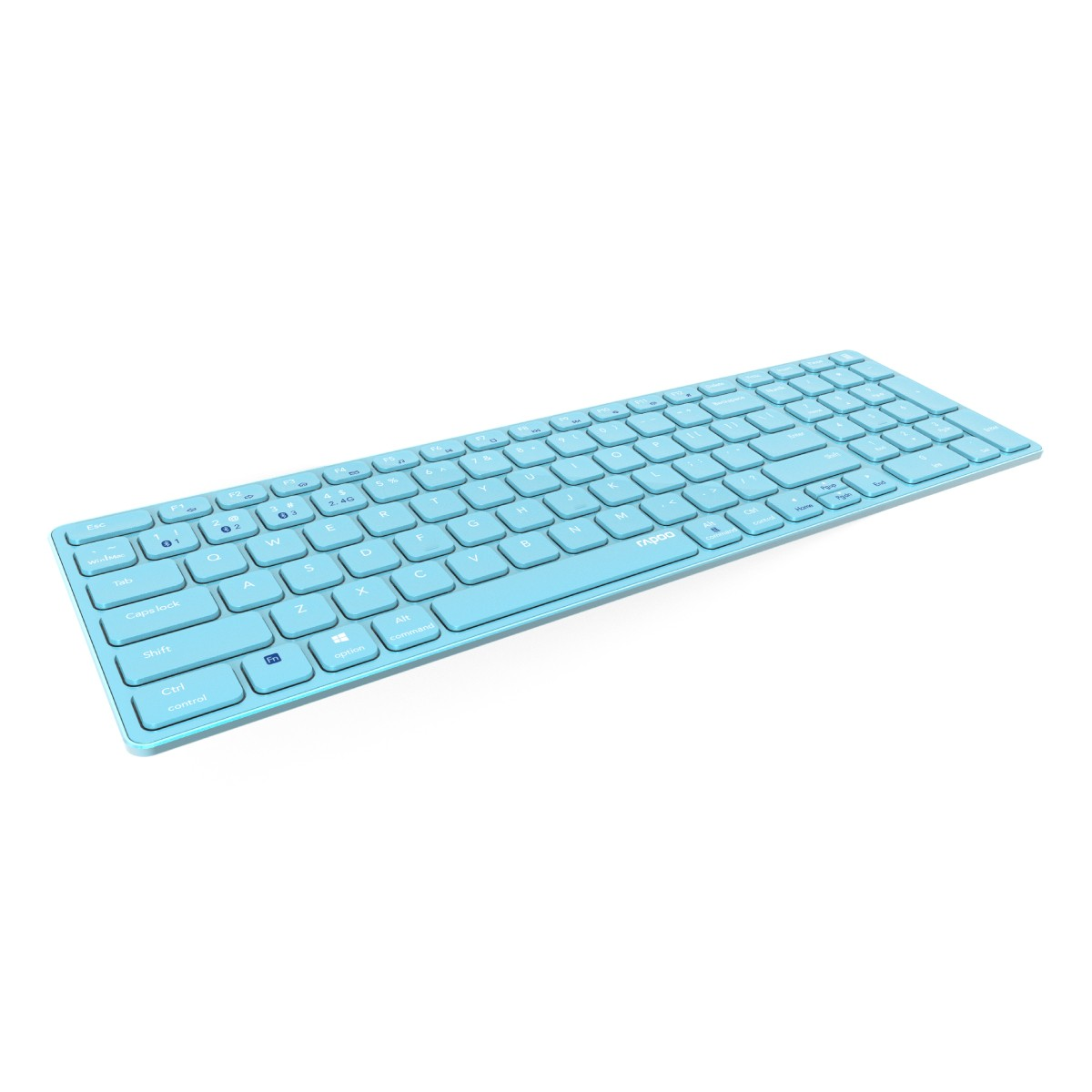Tastiera wireless azzurra su sfondo bianco.