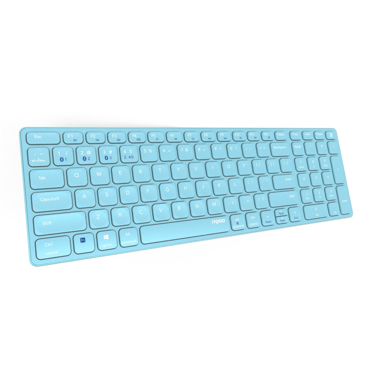 Tastiera wireless azzurra. I tasti sono bianchi con lettere nere. Il marchio è 'RAPOO'.