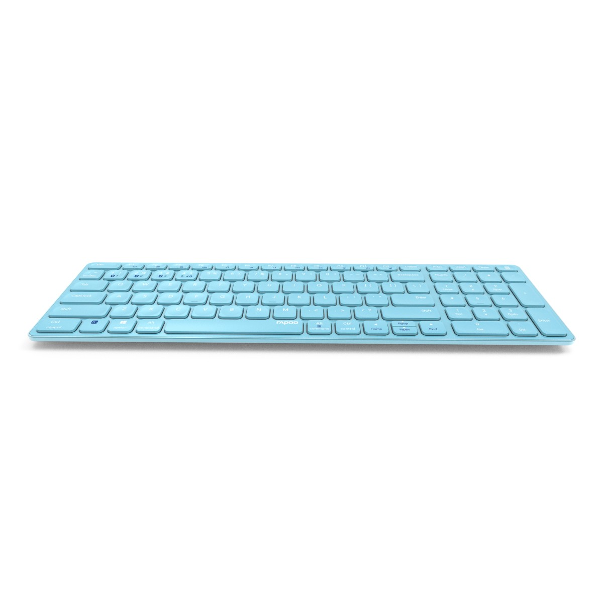 Tastiera azzurra con tasti bianchi su sfondo bianco.