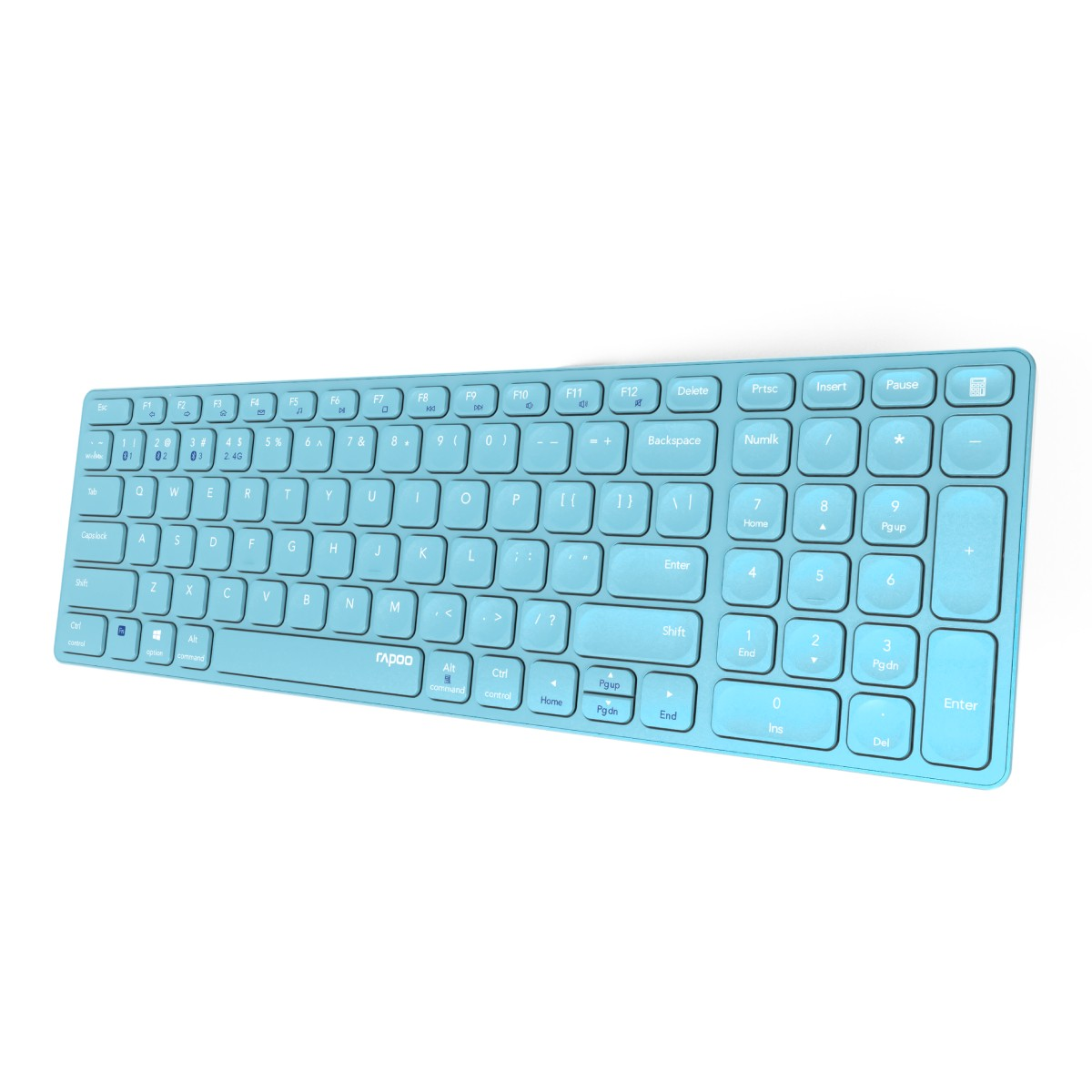 Tastiera azzurra con tasti bianchi su sfondo bianco.