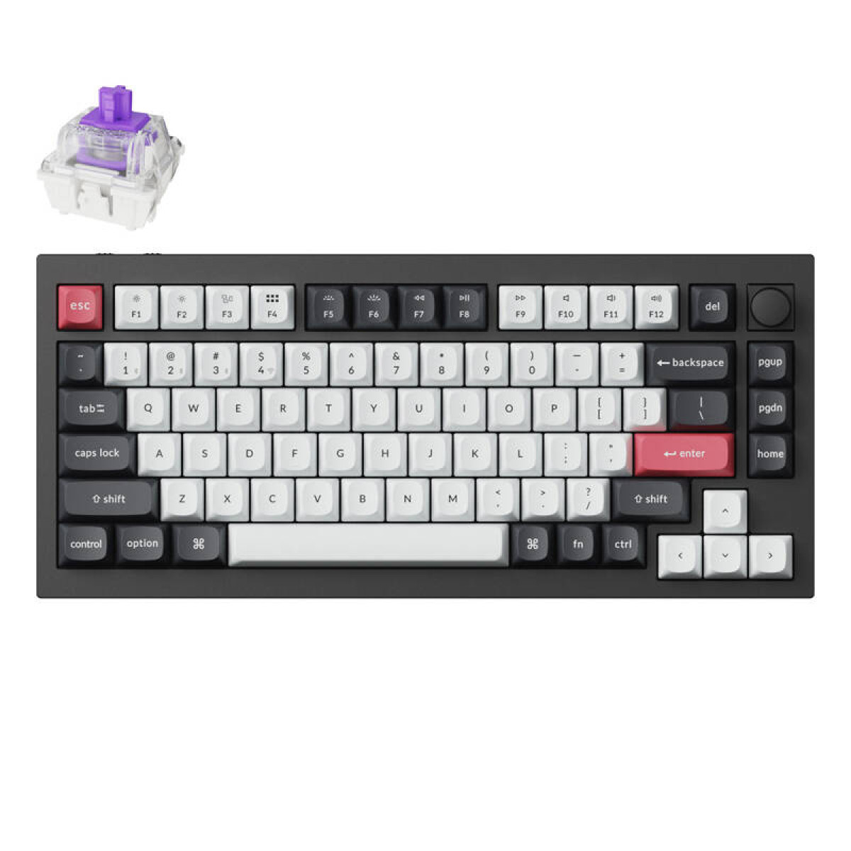 Eine schwarze Tastatur mit rotem Schalter und grauem Sockel, mit separatem Schalter.