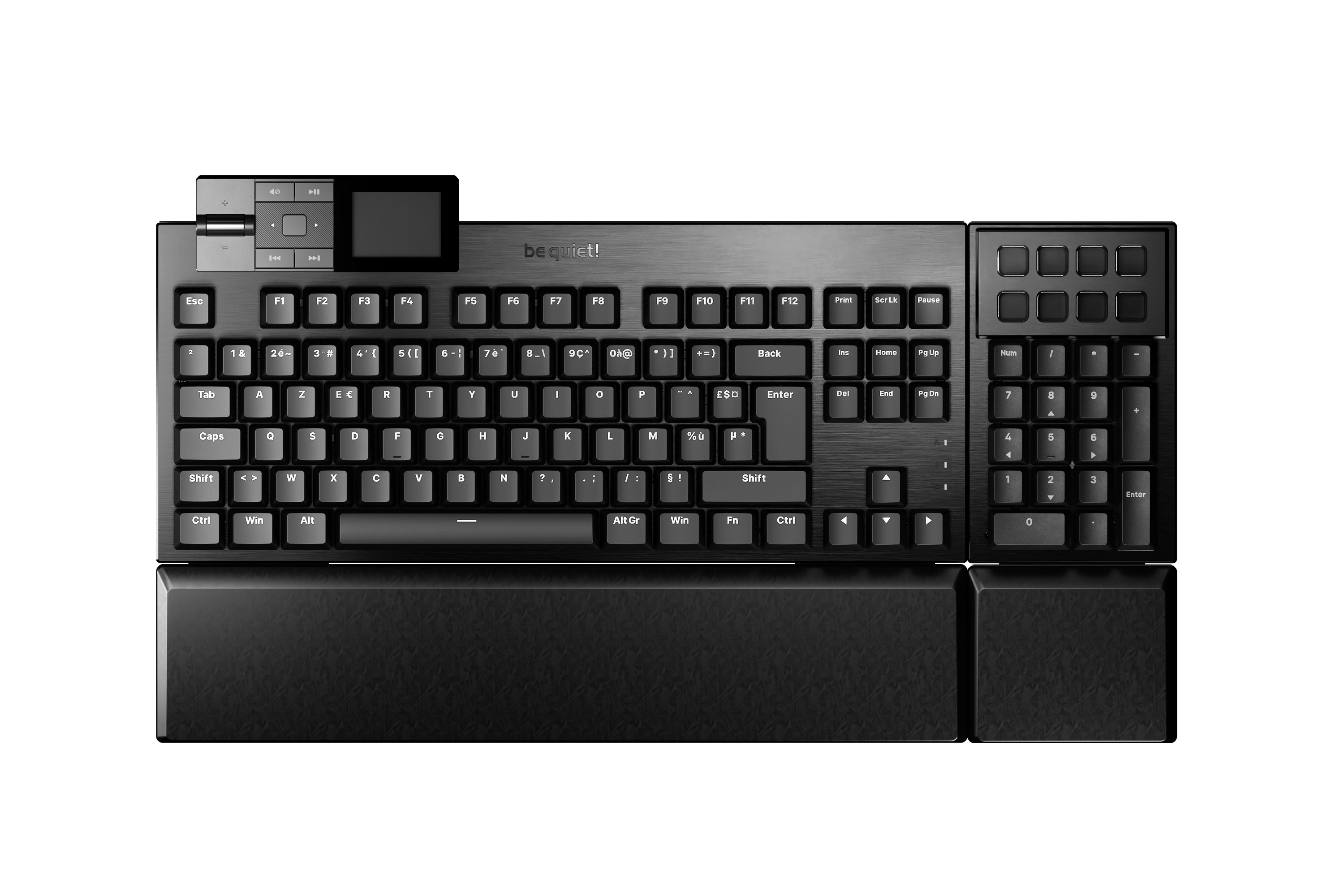 Eine schwarze Tastatur mit Nummernblock und Touchpad. Es ist auf weißem Hintergrund.