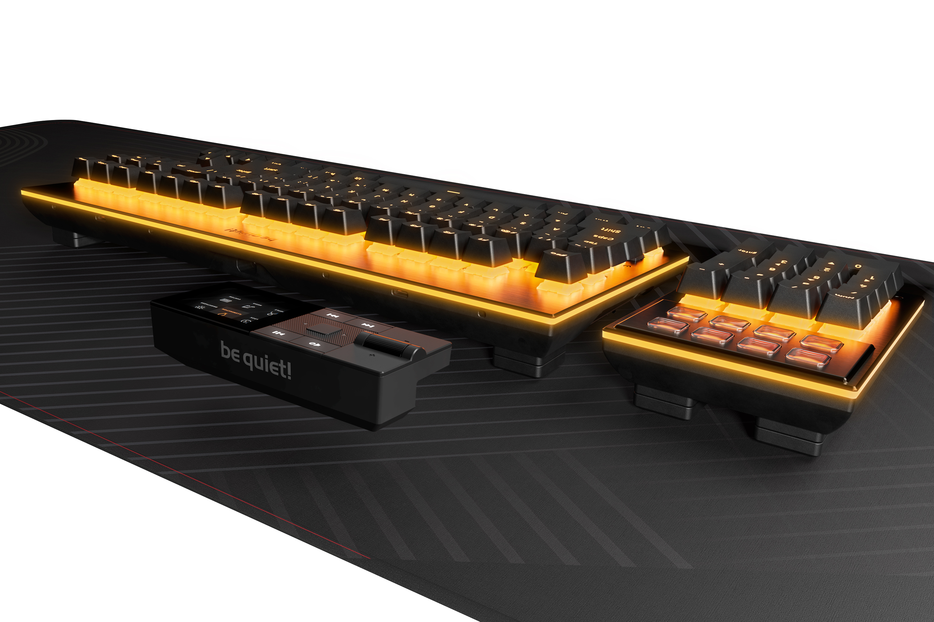 Eine Tastatur mit beleuchteten Tasten, Handballenauflage und schwarzem Bedienfeld.