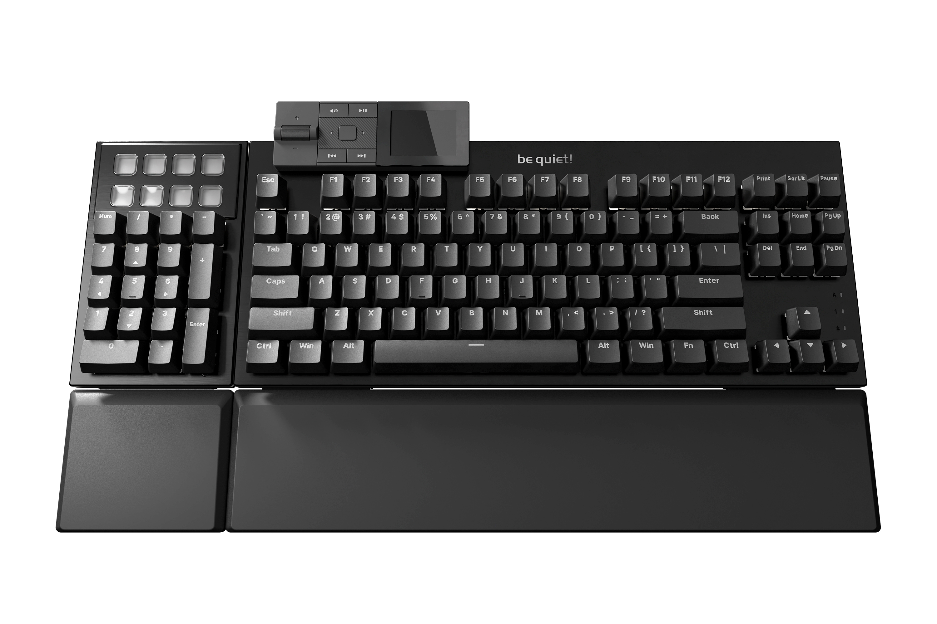 Eine schwarze Tastatur mit Nummernblock und Touchpad. Es ist auf weißem Hintergrund.