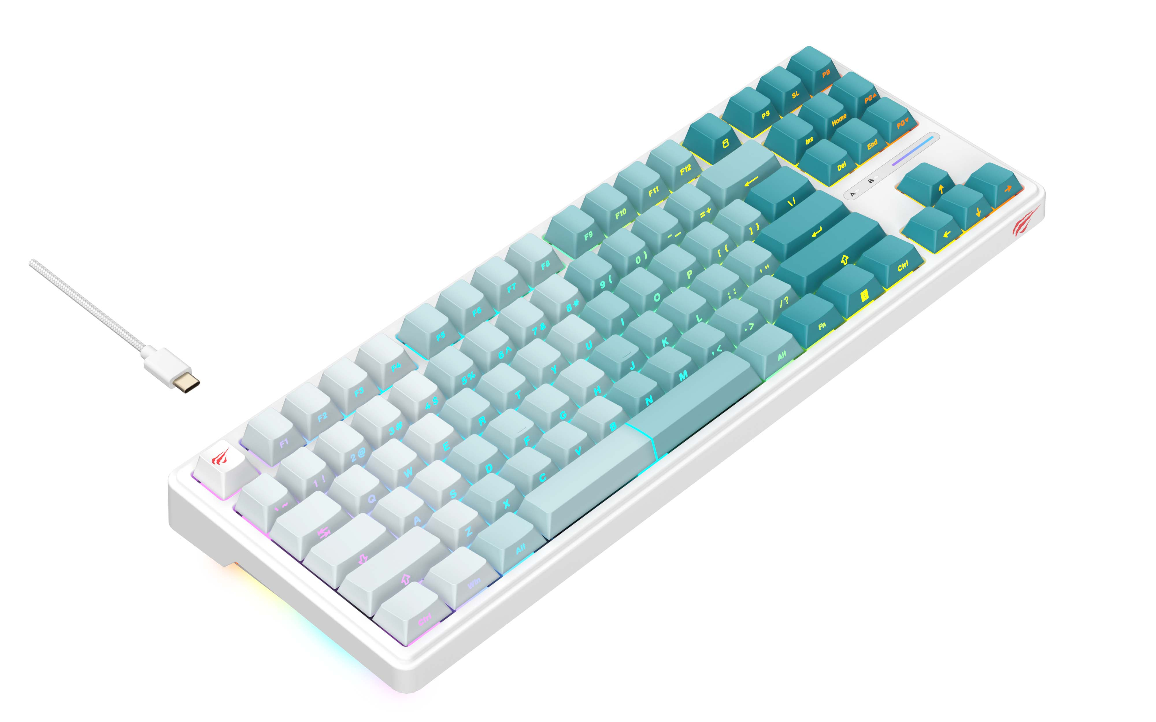 Biała klawiatura z turkusowymi i białymi klawiszami i kablem USB-C. Klawisze świecą.