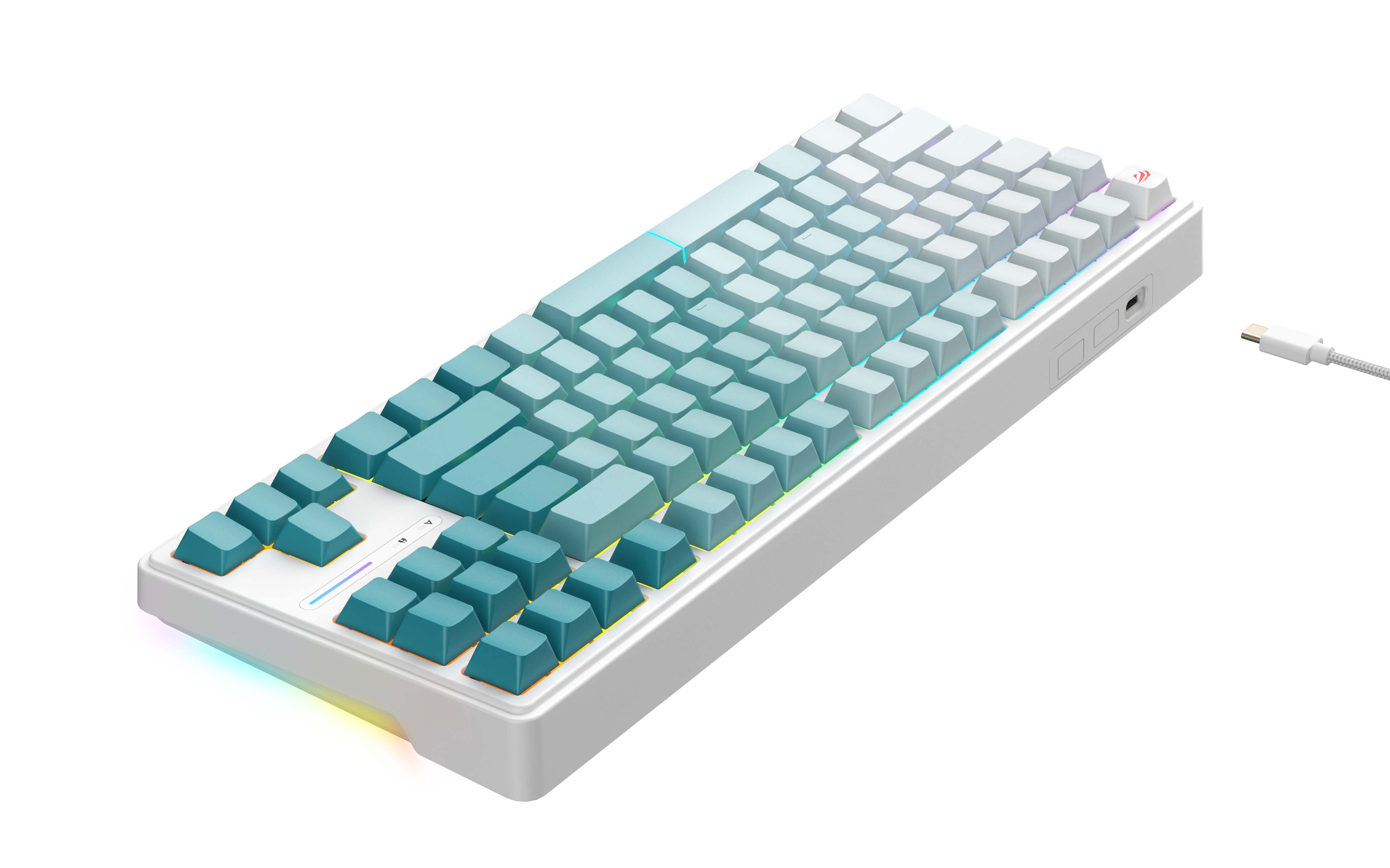 Biała klawiatura z turkusowymi i białymi klawiszami i kablem USB-C. Klawisze świecą.