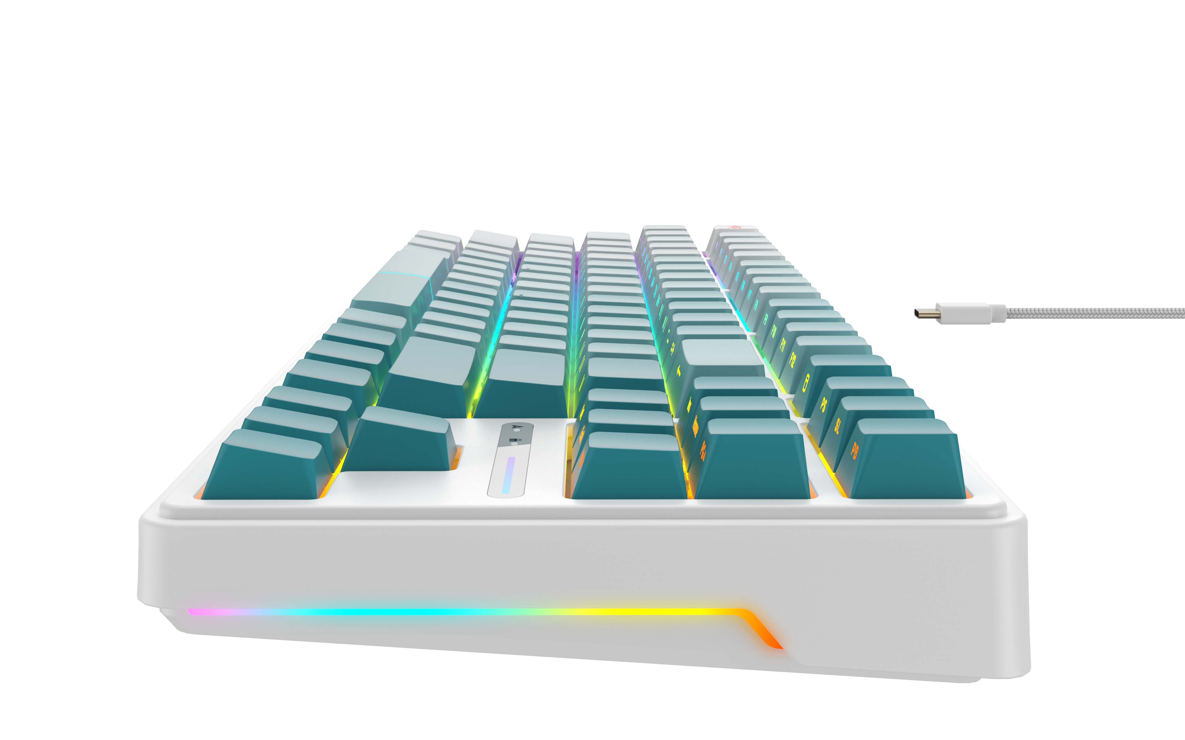 Biała klawiatura mechaniczna z turkusowymi nakładkami na klawisze, podświetlana wielokolorowymi diodami LED. Biały kabel.