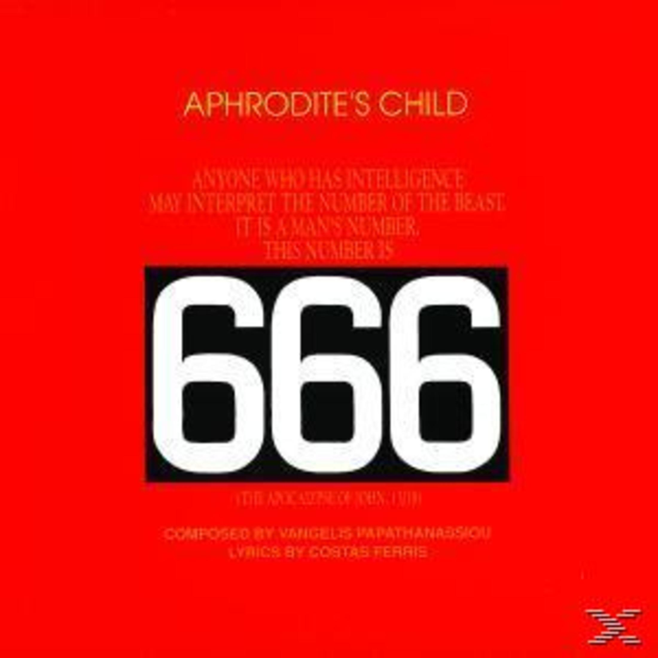 Okładka albumu z tekstem 'Aphrodite's Child', '666' i innym tekstem na czerwonym tle.