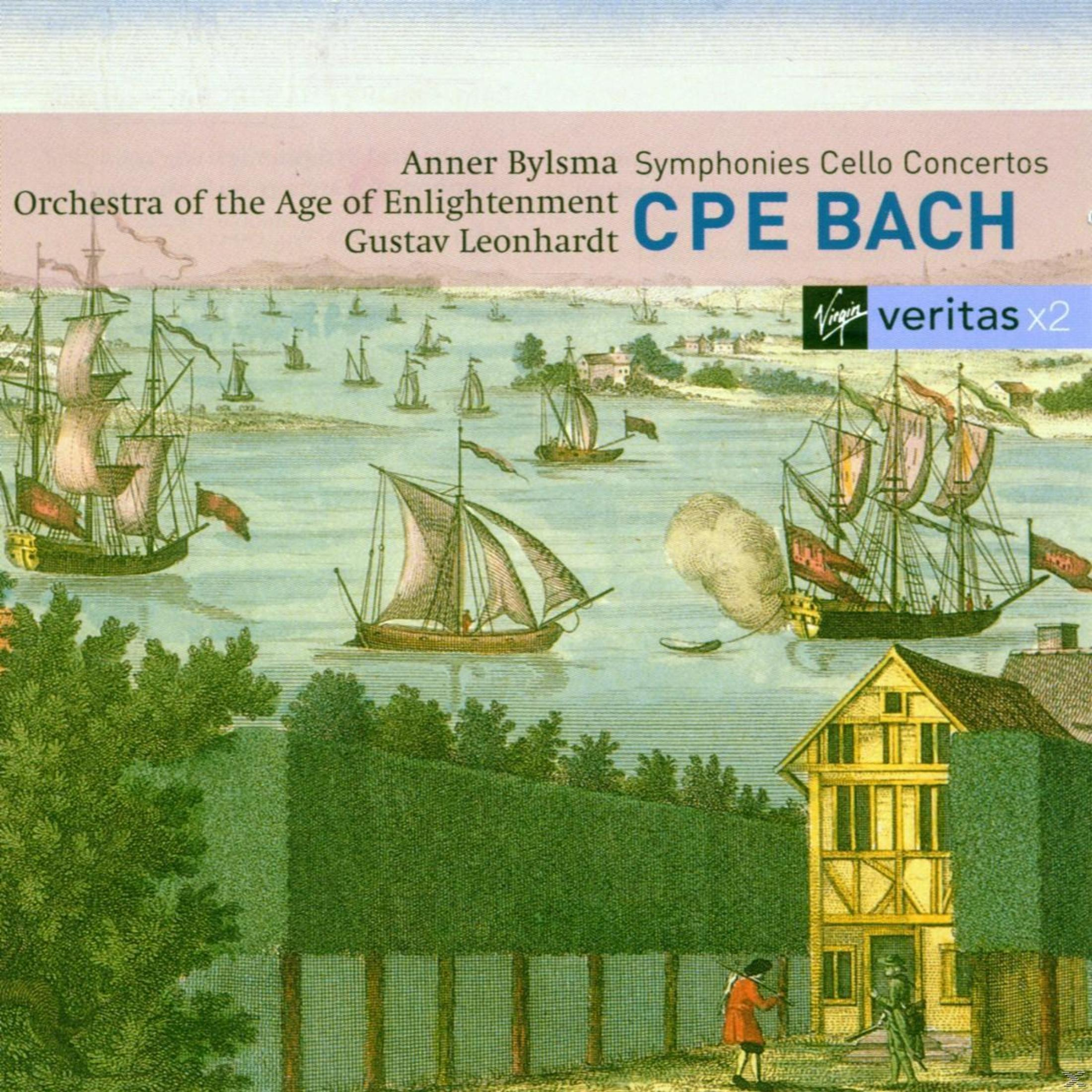 Albumhoes met zeegezicht en zeilboten, tekst CPE Bach, Anner Bylsma en Orchestra of the Age of Enlightenment.