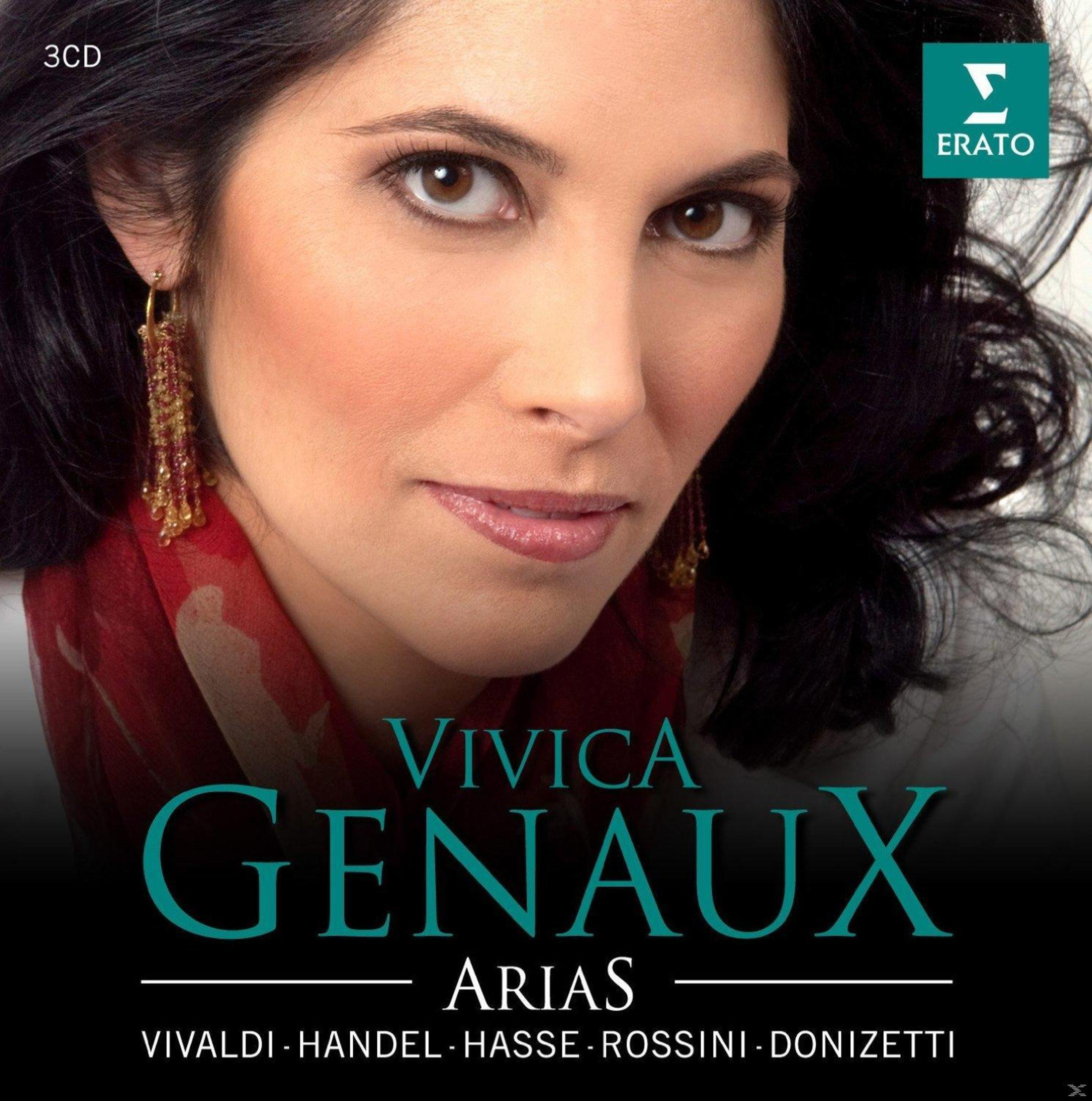 CD-hoes met Vivica Genaux. Tekst bevat 'Arias' en vermeldt componisten zoals Vivaldi. Het Erato-logo is aanwezig.