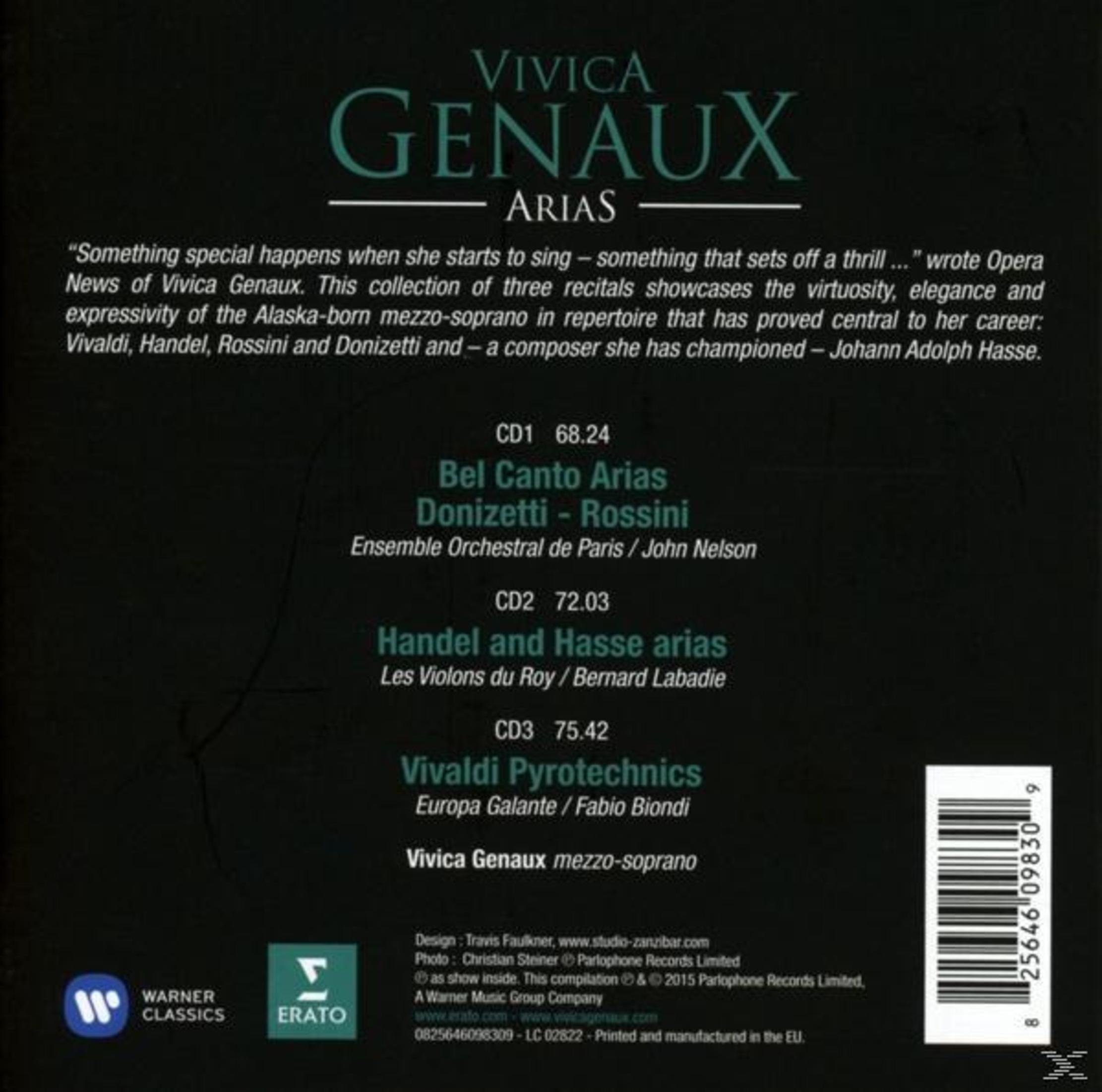 CD-hoes met tekst 'Vivica Genaux Arias', een vrouwennaam en een lijst met cd-inhoud.