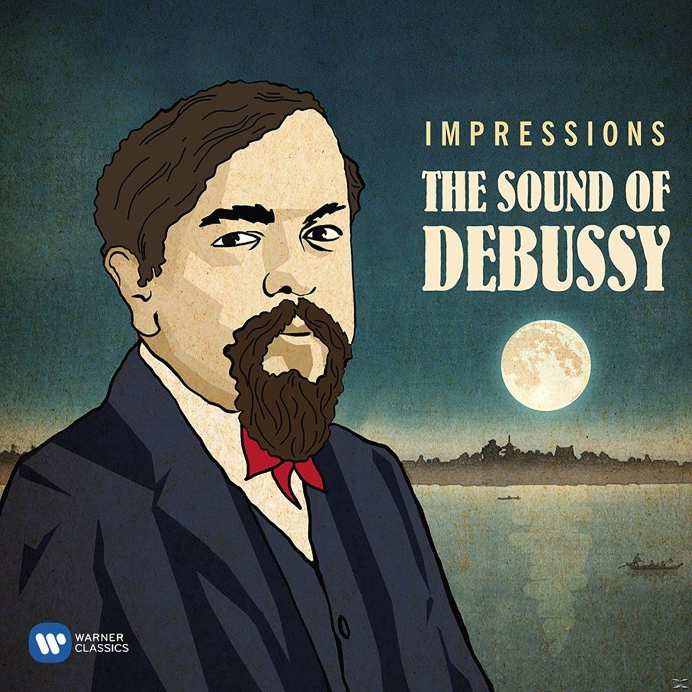 CD-hoes met portret van een man en tekst: The Sound of Debussy. Blauwe en groene achtergrond.