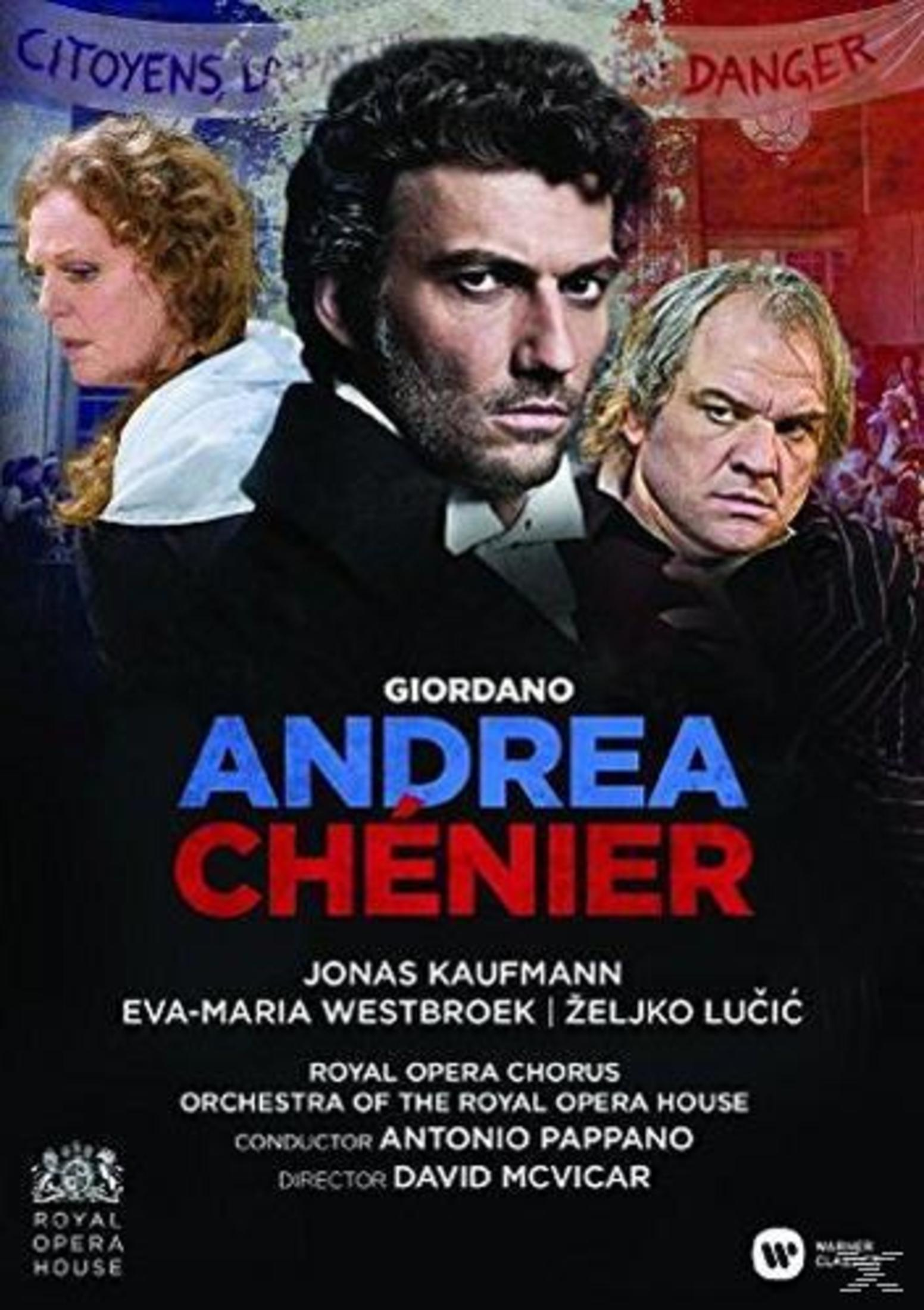 Plakat operowy: Andrea Chenier Giordano. Twarze trzech osób. Tytuł w kolorze czerwonym i niebieskim. Tekst na dole.
