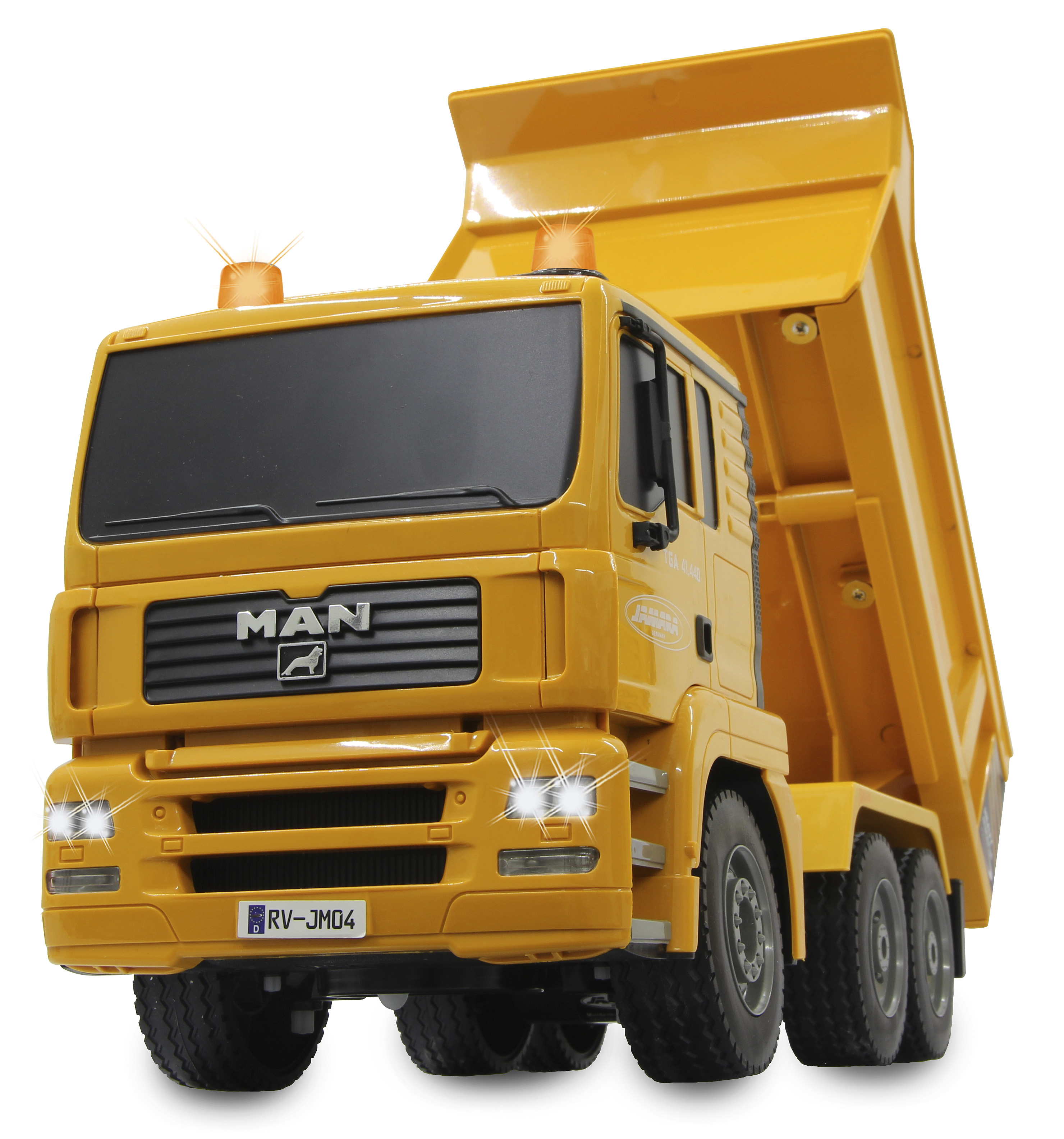 Żółta zabawka wywrotka. Z przodu widnieje napis 'MAN'.