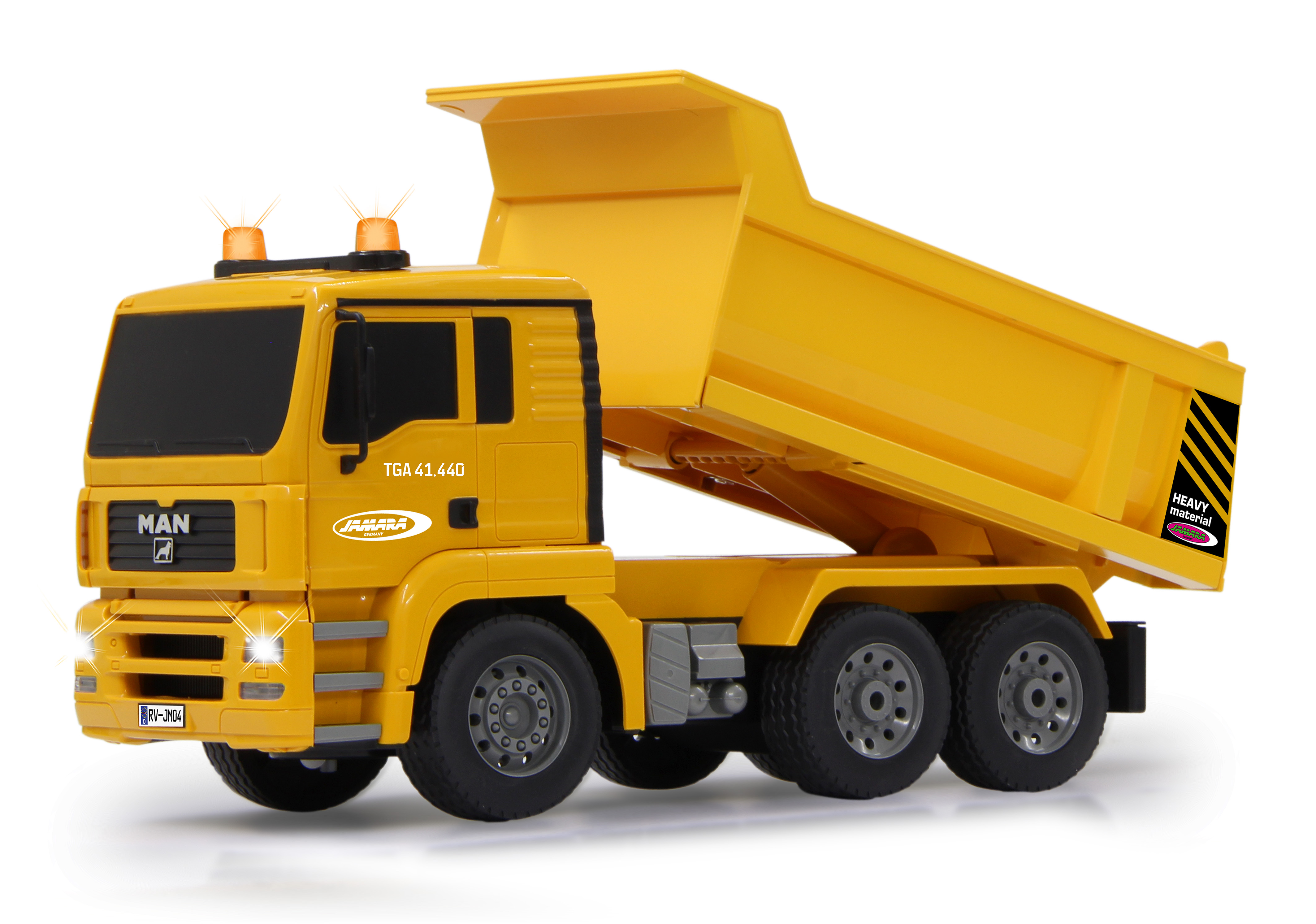 Żółta zabawka ciężarówka z podniesioną skrzynią. Czarne paski z tyłu.