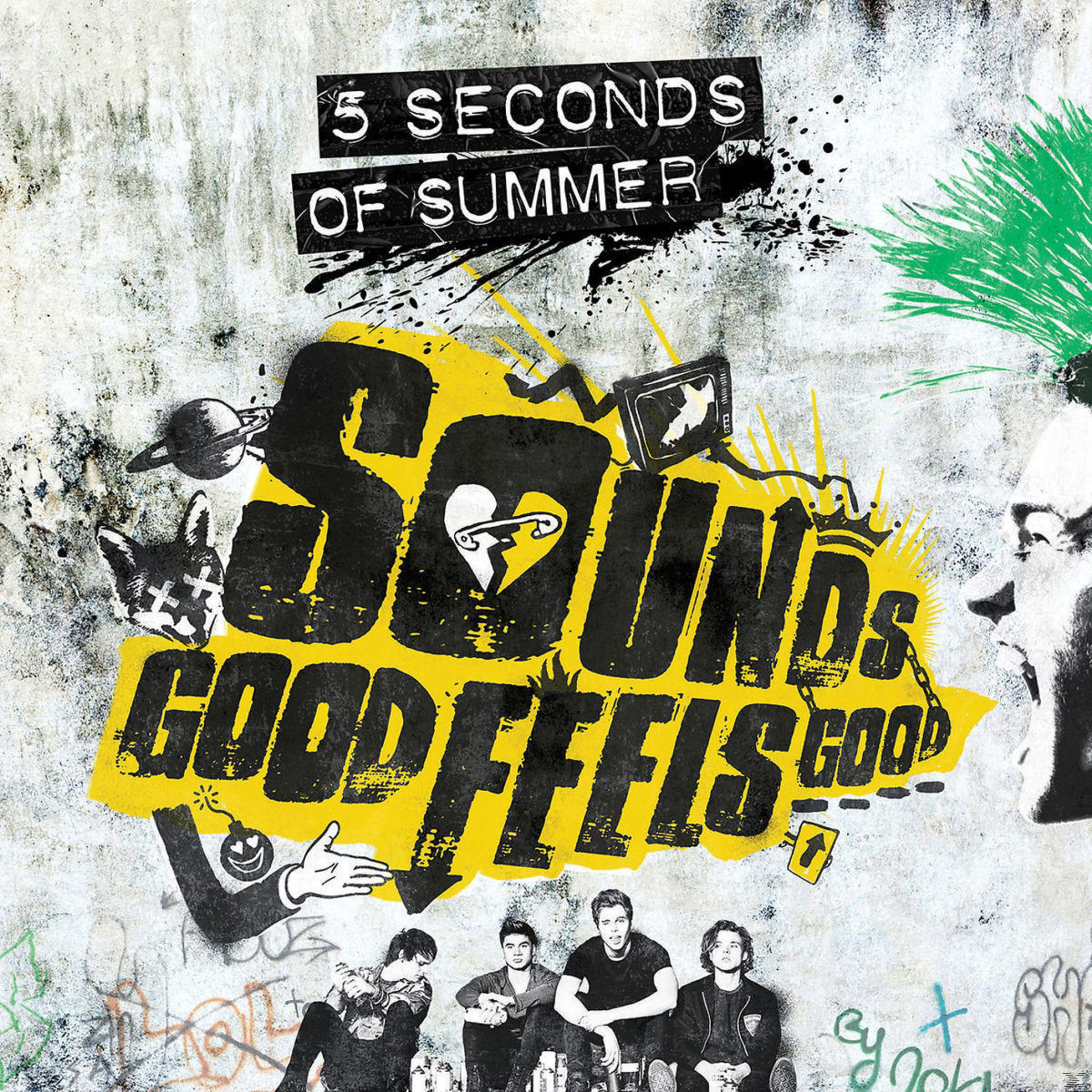 Pochette d'album avec art graffiti et les mots 'SOUNDS GOOD FEELS GOOD'.