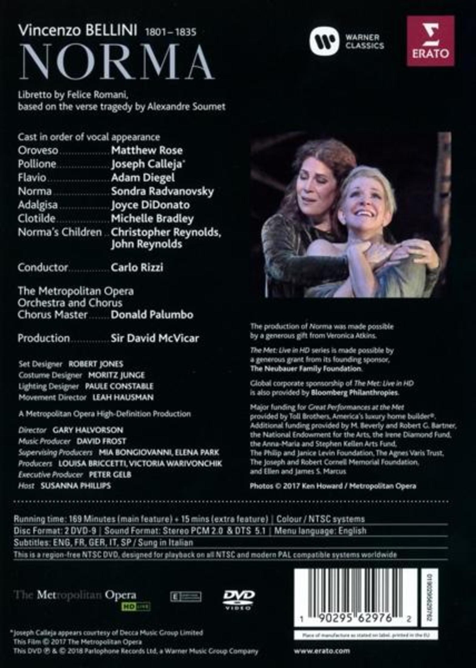 Tylna okładka opakowania DVD opery "Norma" Vincenzo Belliniego, z tekstem i obrazami.