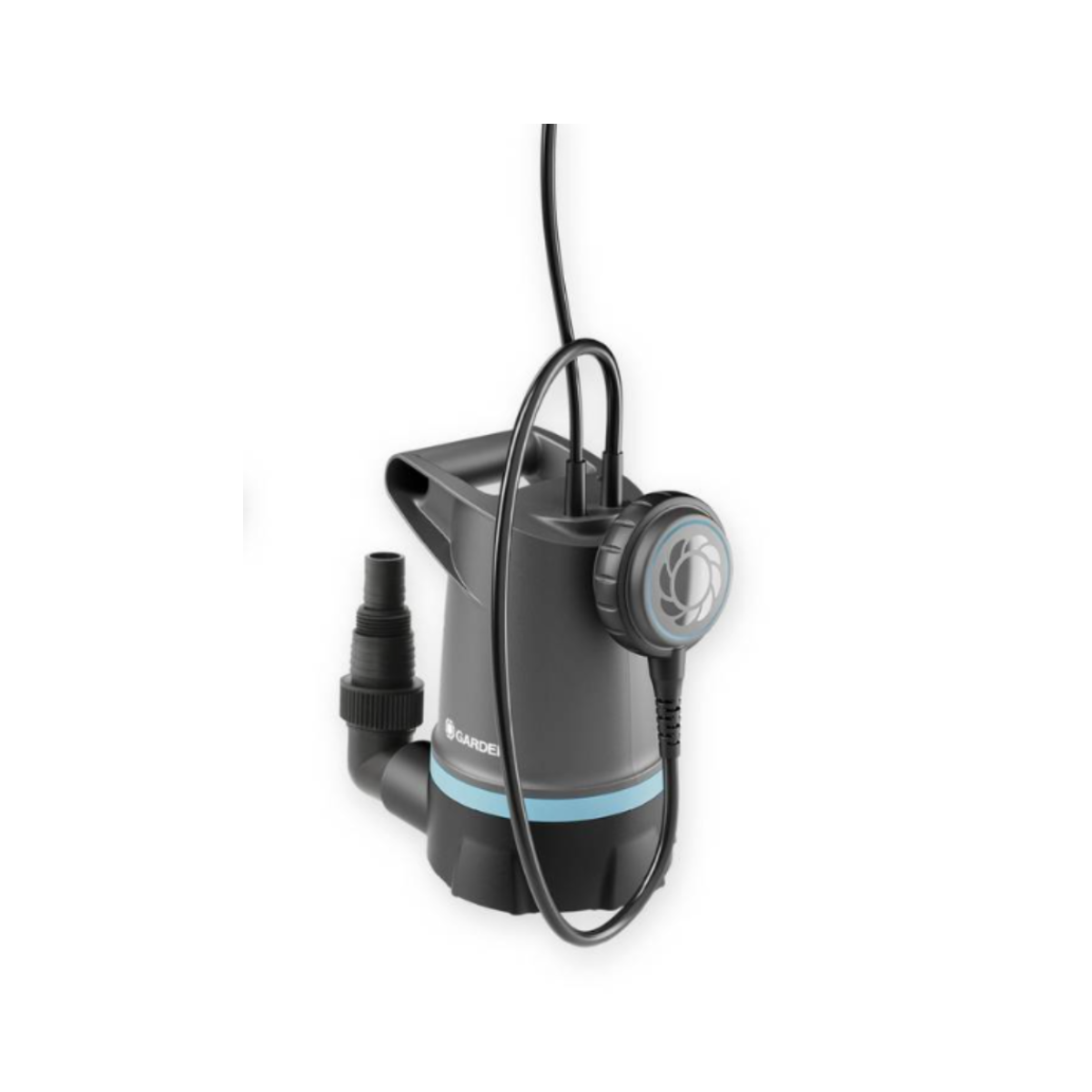 Szaro-czarna pompa wodna z czarnym kablem, na białym tle.