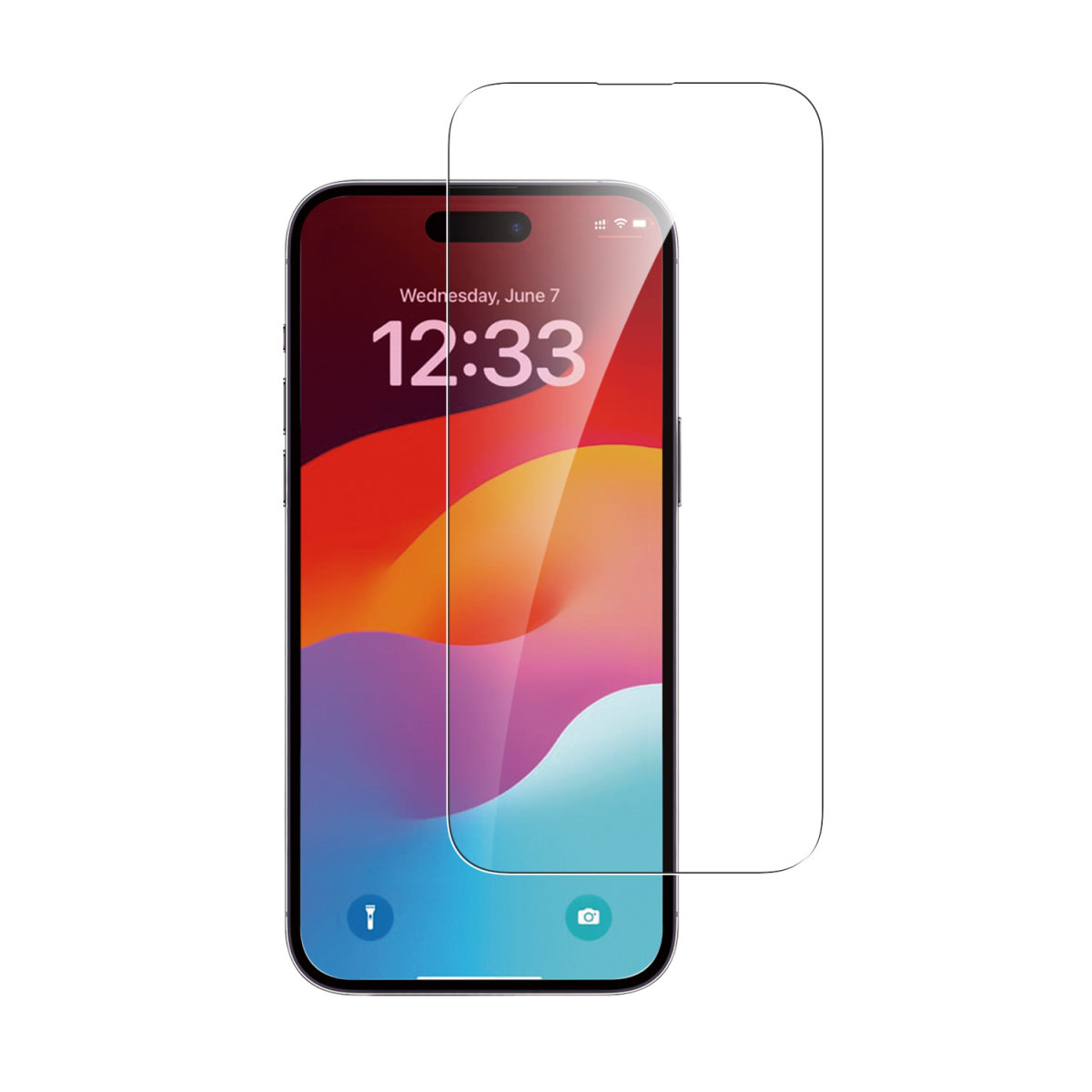 Smartphone con protezione schermo applicata. Visualizza l'ora 12:33. La protezione in vetro è trasparente.