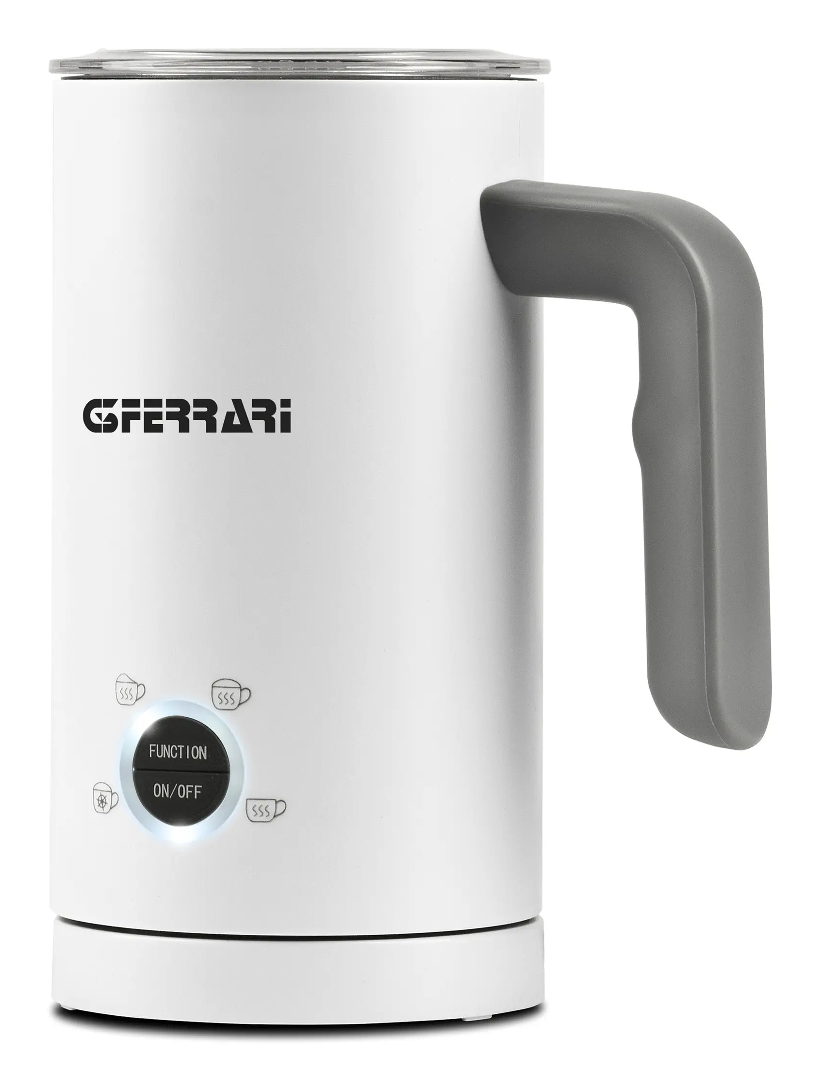 Weißer Milchaufschäumer mit grauem Griff und Funktionstasten.
