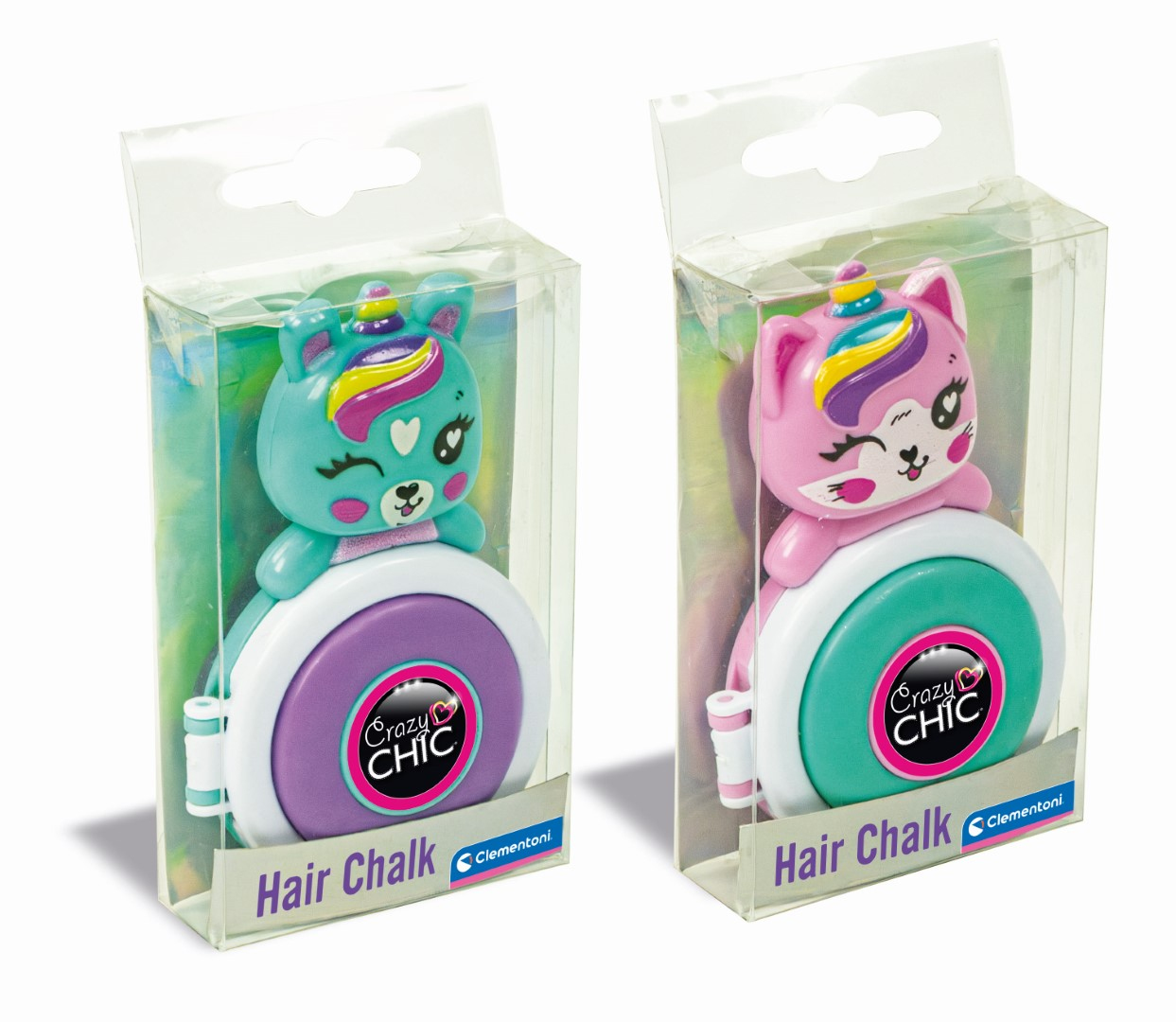 Dwa zestawy kredek do włosów Crazy Chic w przezroczystym opakowaniu, każdy z jednorożcem lub kotem.