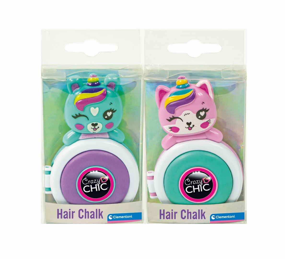 Dwa pojemniki z kredą do włosów z uroczymi wzorami kotów, na białym tle.